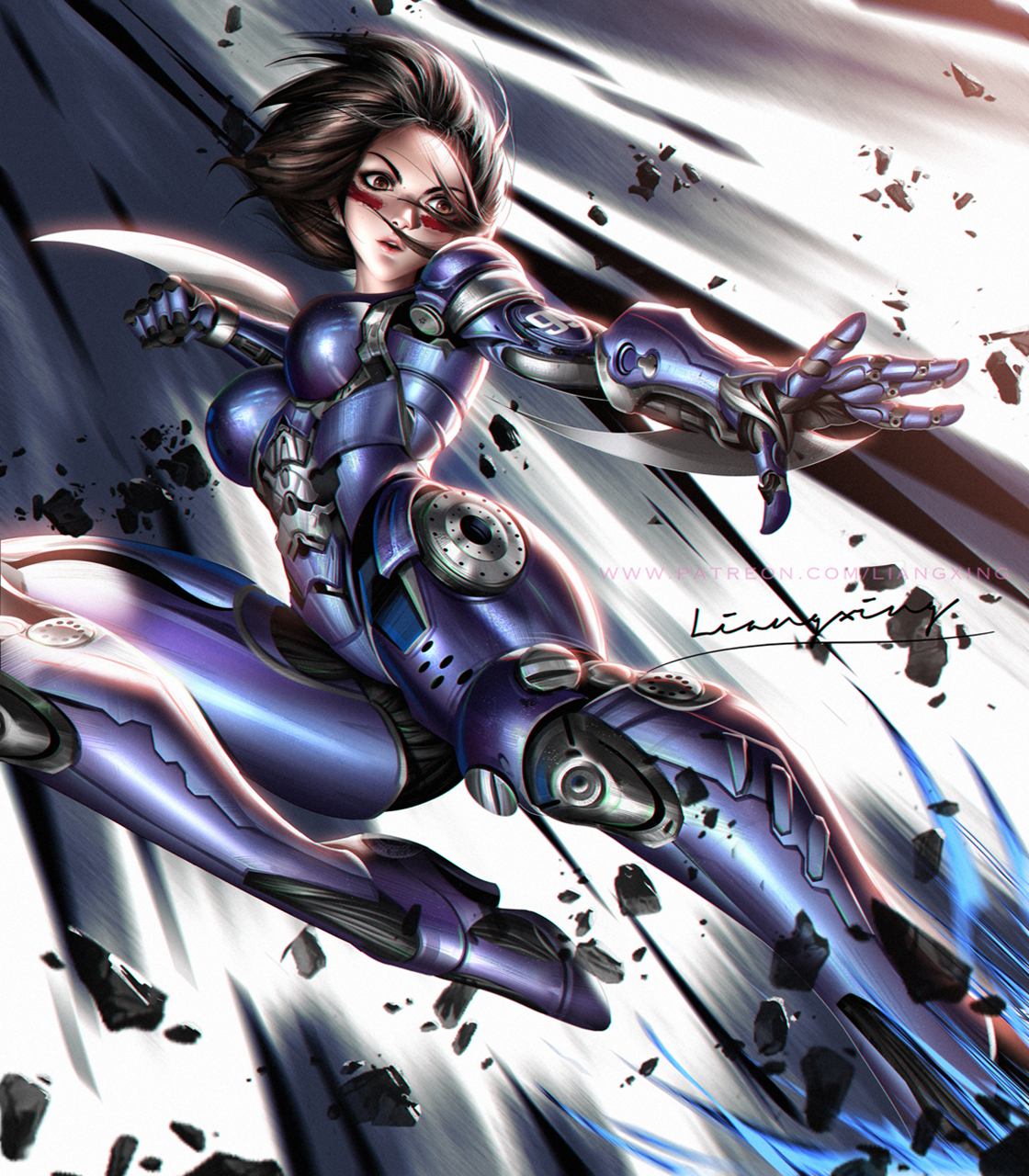 General 1120x1280 Jason Liang drawing Alita androids short hair fighting low-angle weapon blades face paint portrait display digital art signature watermarked women