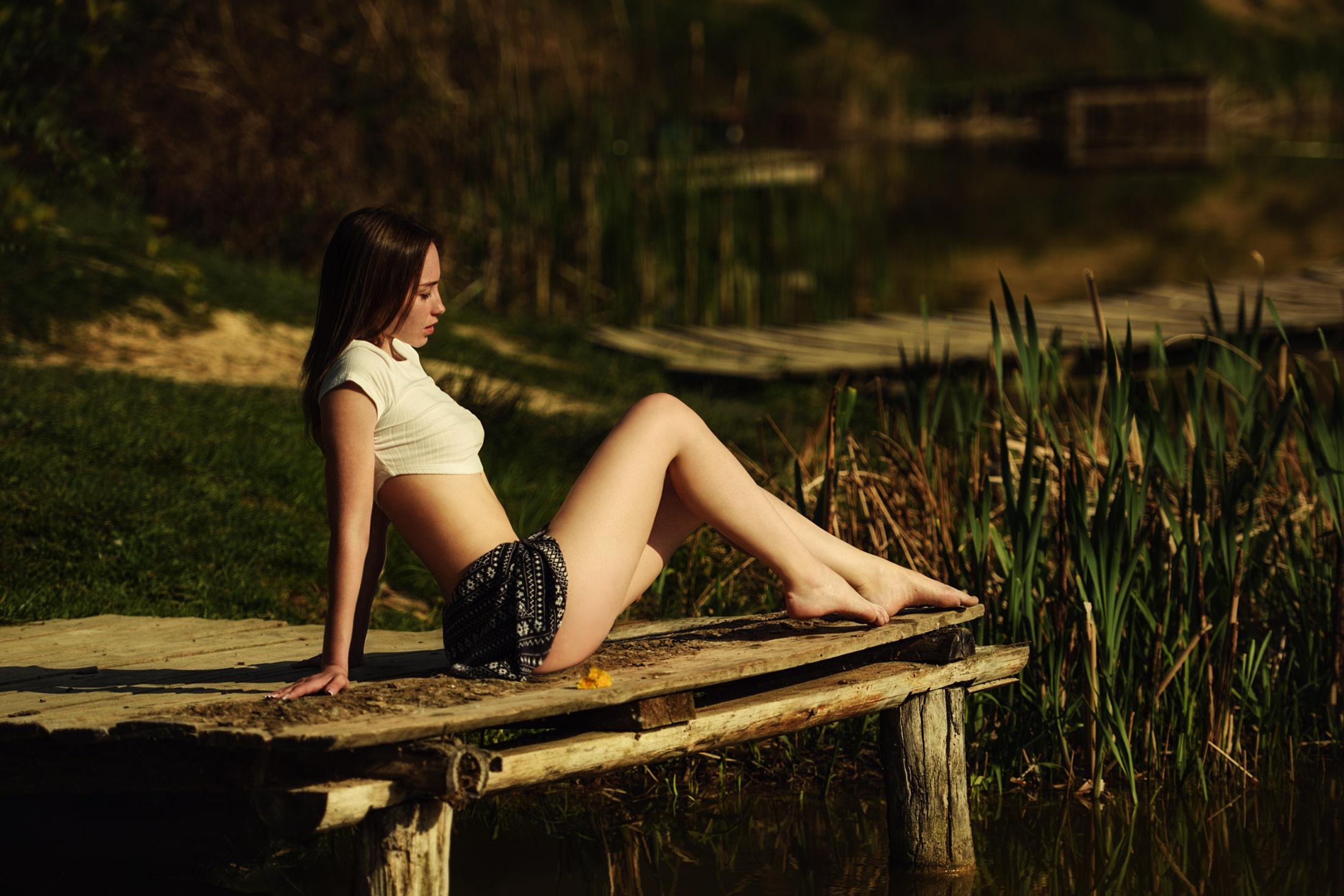 People 2200x1467 women sitting water women outdoors skirt pier crop top Igor Viushkin pointed toes barefoot brunette model