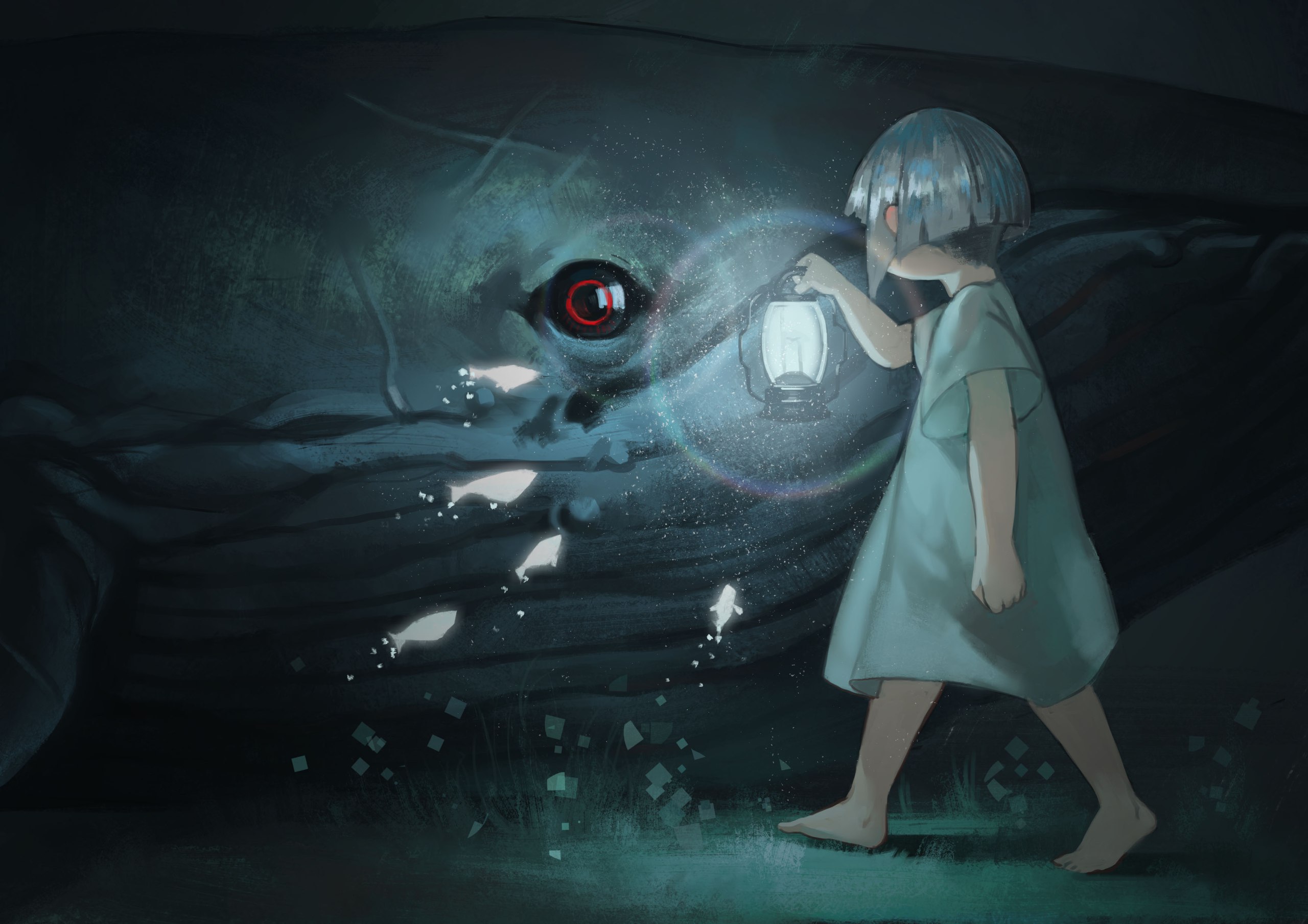 Anime 2560x1810 anime anime girls whale fish short hair blue hair lantern