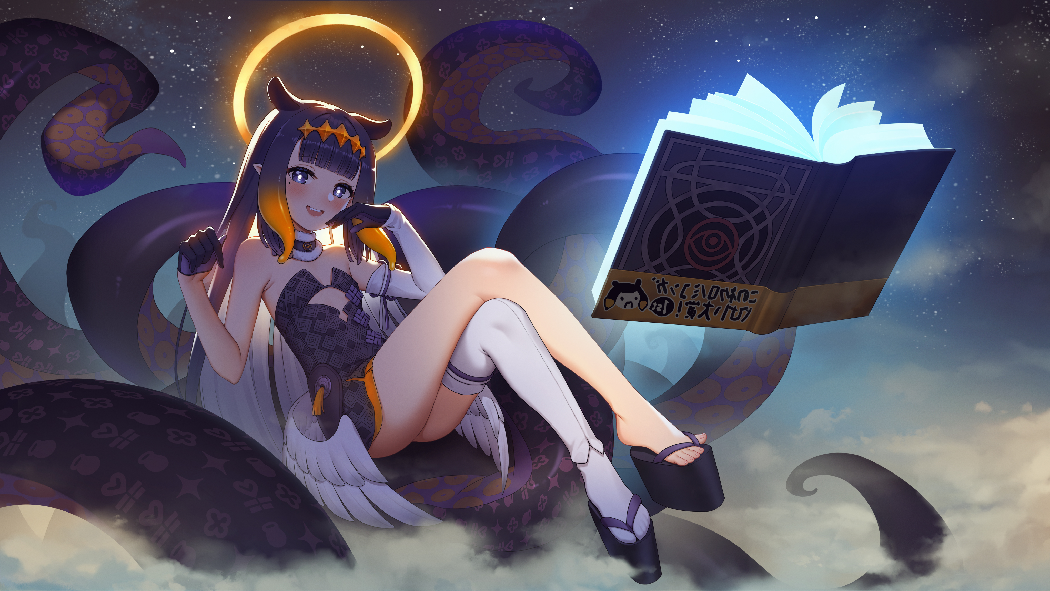 Anime 4096x2304 halo book cover legs legs crossed small boobs looking at viewer wings Hololive Ninomae Ina'nis