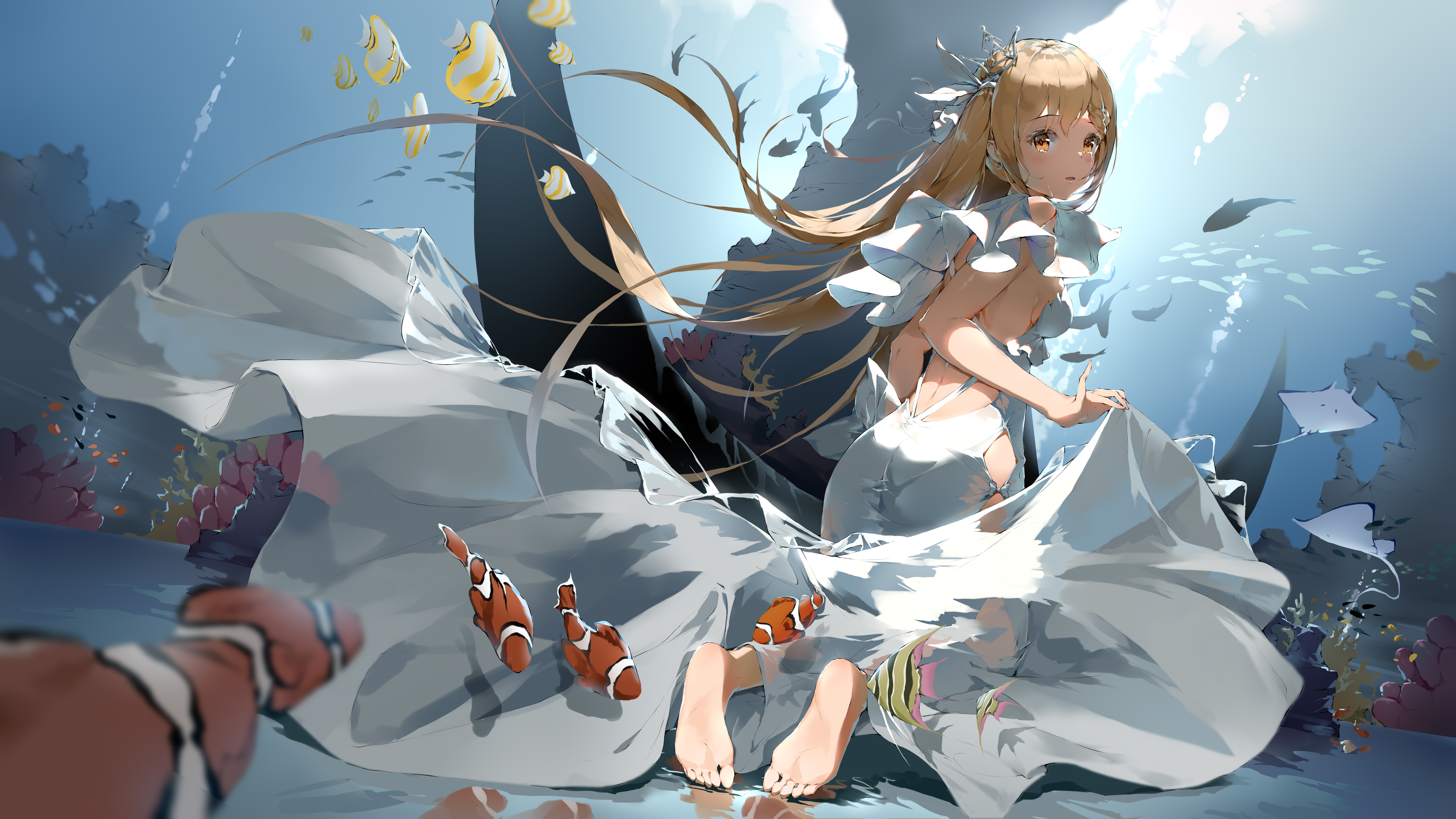 Anime 6720x3780 anime anime girls fish underwater dress blonde long hair yellow eyes Bodhi Wushushenghua BODHI