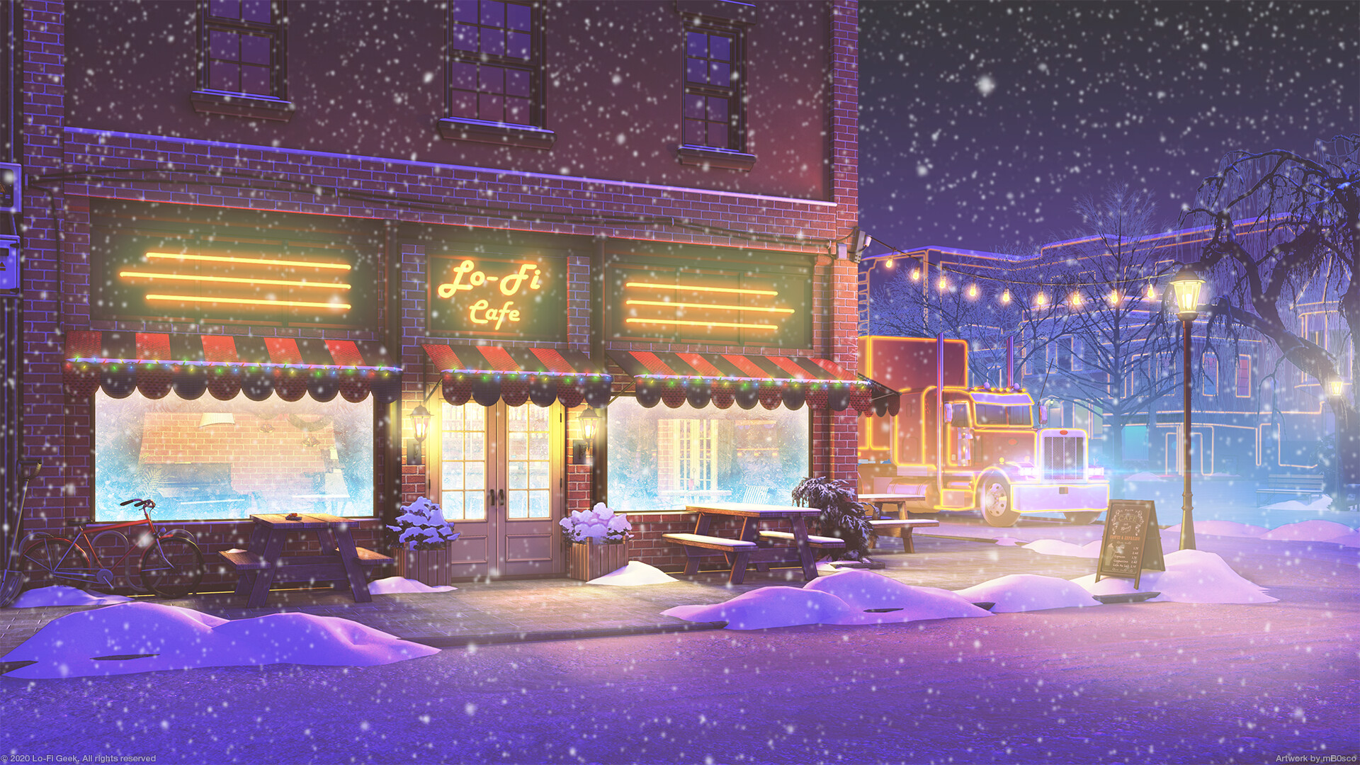 Anime 1920x1080 Bogdan mB0sco digital art snow snowing truck cafe winter night artwork Christmas holiday ArtStation urban town