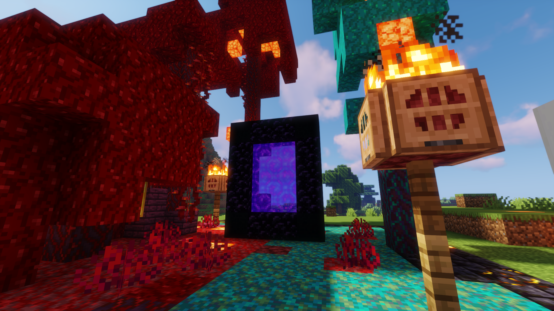 General 1920x1080 Minecraft screen shot PC gaming shaders video games portal red cyan trees fire grass black