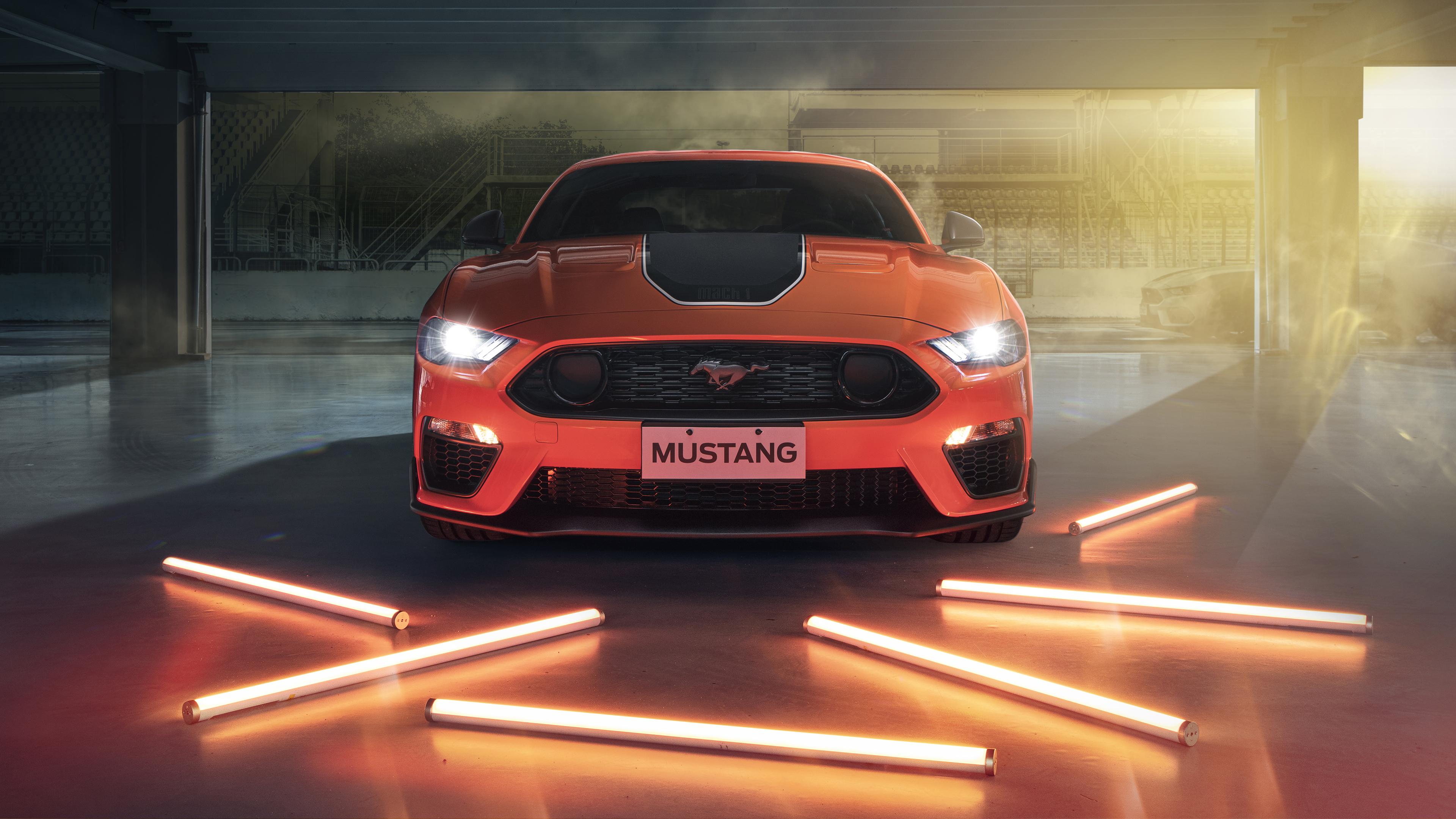 General 3840x2160 Ford Mustang Mach 1 Ford car vehicle muscle cars neon glare frontal view garage race tracks headlight beams Ford Mustang S550