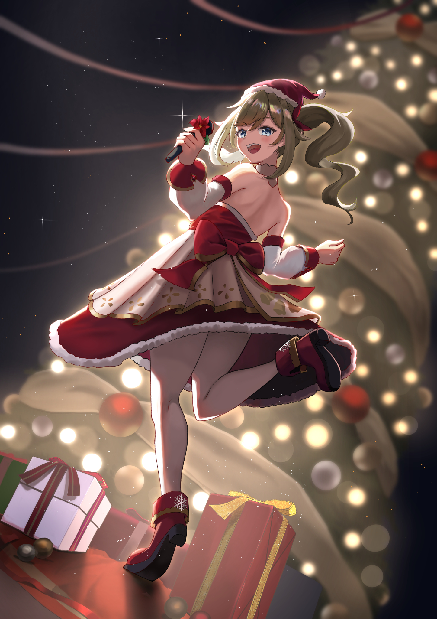 Anime 1447x2047 Genshin Impact anime girls Barbara (Genshin Impact) thighs pantyhose Christmas clothes bare shoulders bareback