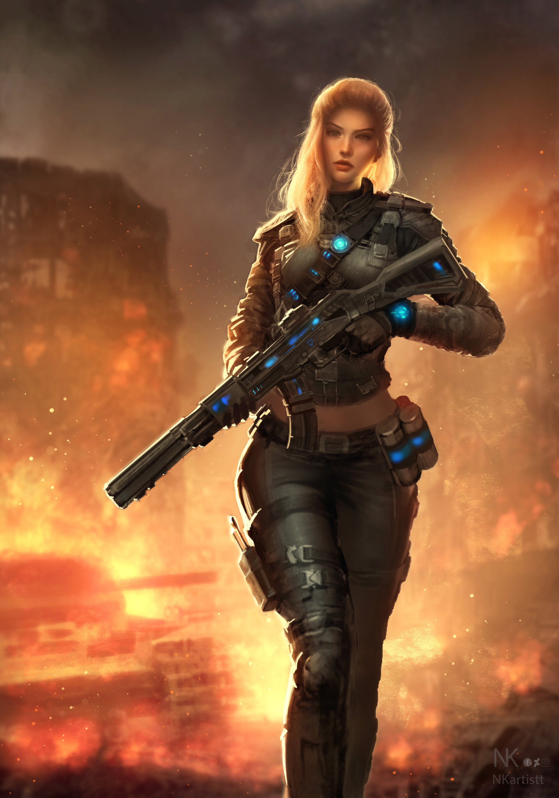 General 1920x2744 women weapon ArtStation girls with guns blonde fire burning