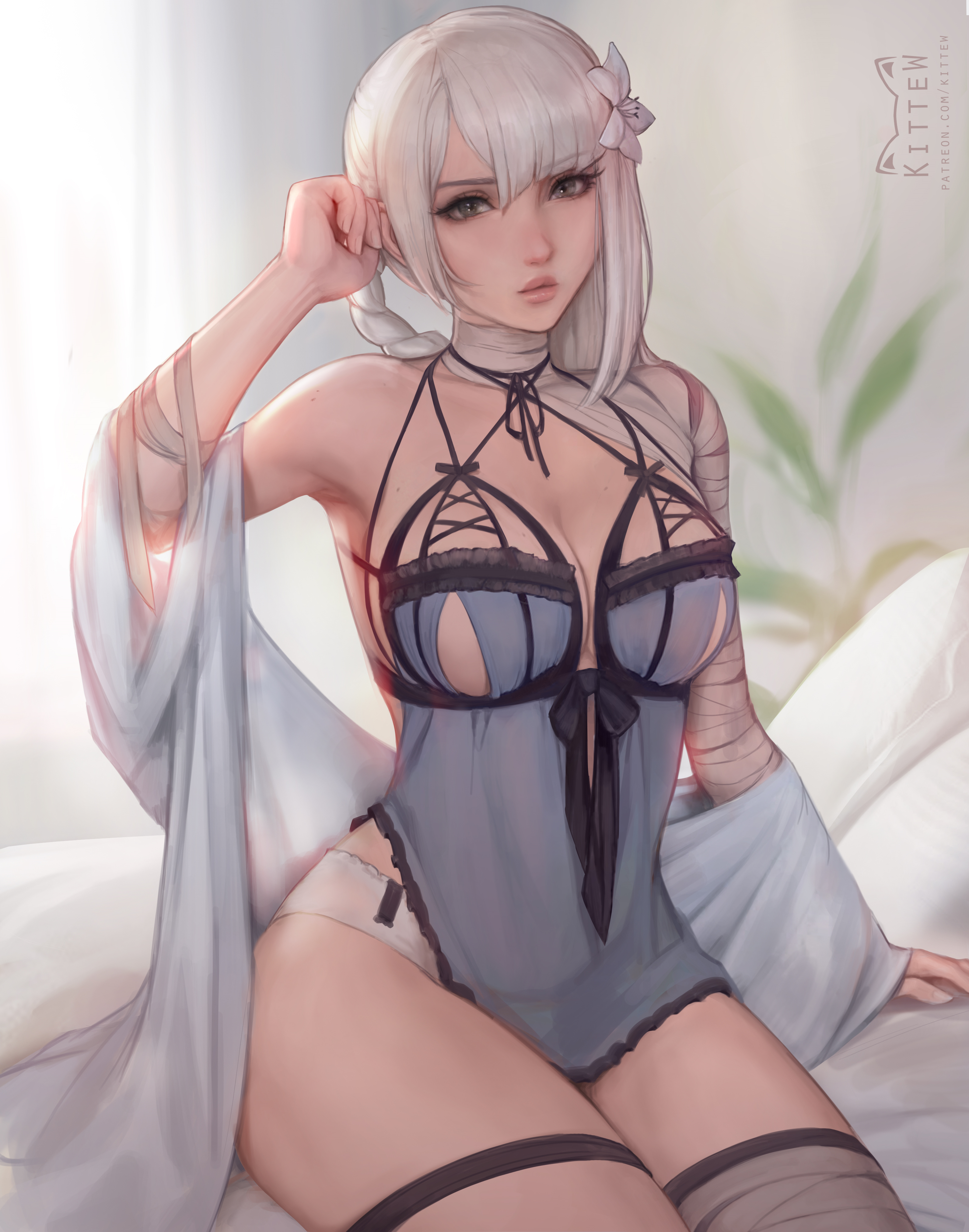 General 3184x4050 Kaine (NieR) video games video game girls white hair video game characters braids bandages cleavage babydolls underwear panties white panties looking at viewer thick thigh sitting thigh strap in bed robes 2D artwork drawing digital art illustration fan art Kittew NieR Replicant