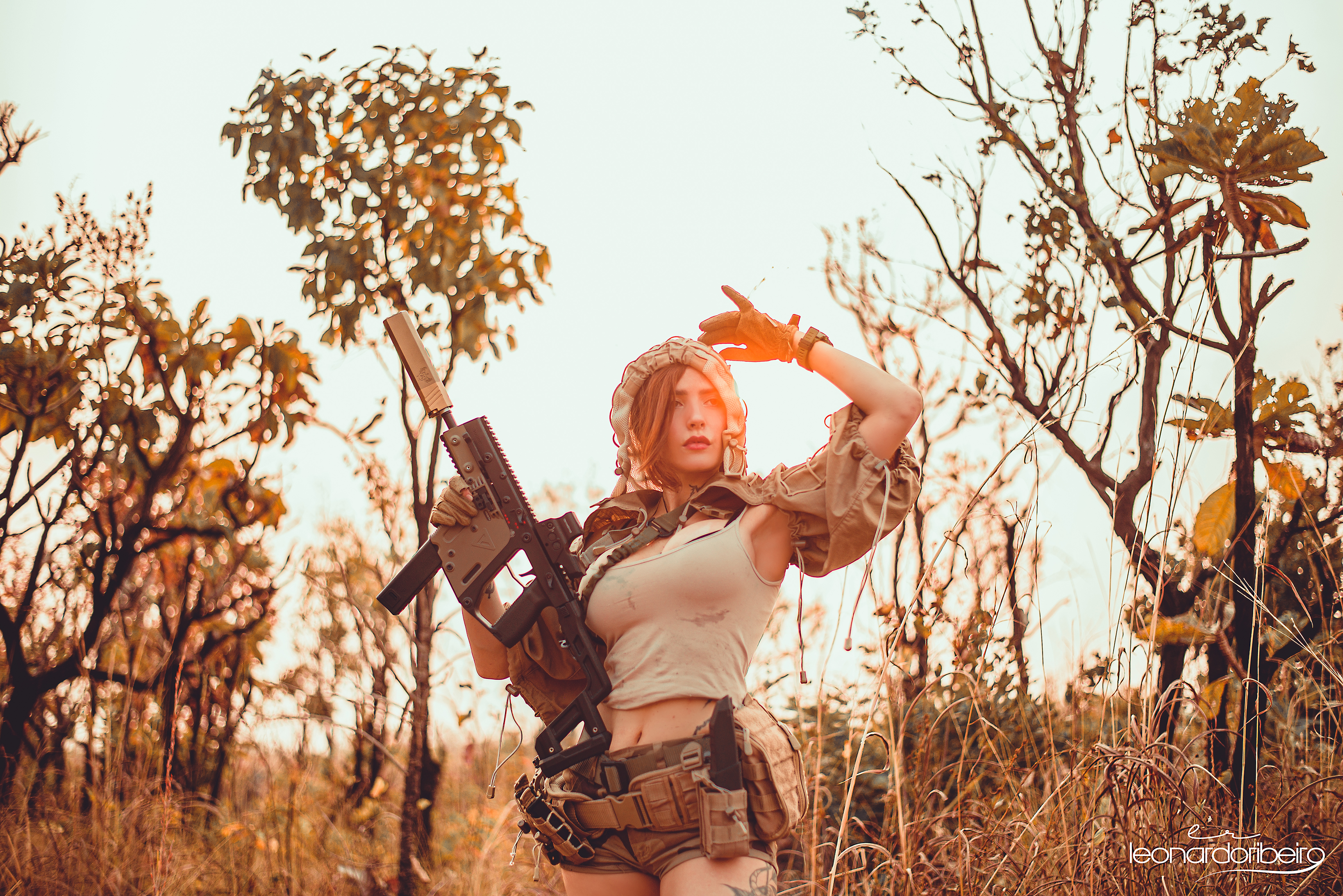 People 3840x2563 women model redhead women outdoors military weapon sunset Leonardo Ribeiro girls with guns cleavage Vector .45 ACP