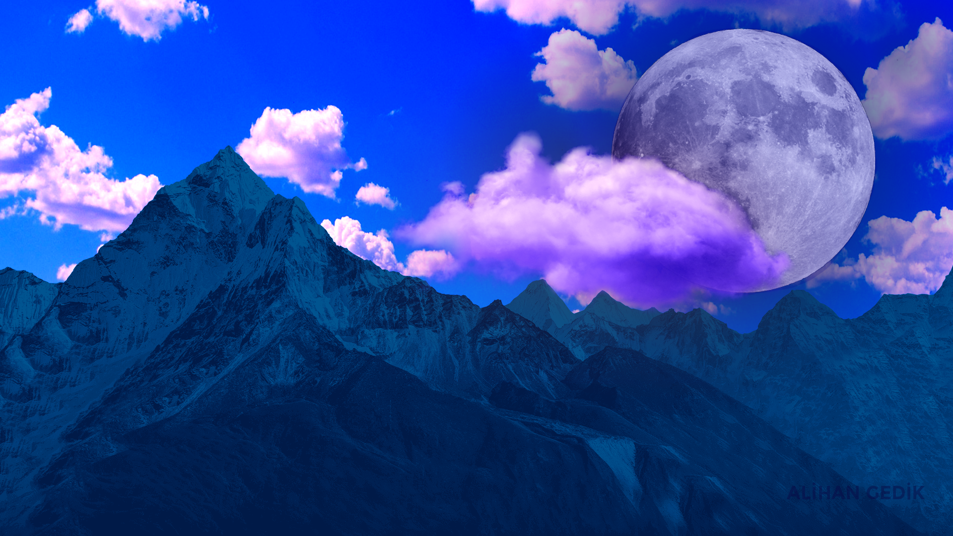 General 1920x1080 night digital art nature Moon mountains clouds
