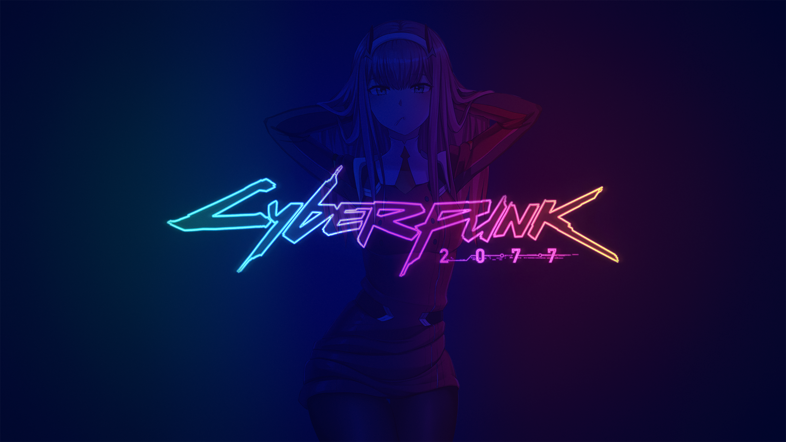 Anime 2560x1440 neon anime girls digital art anime women Cyberpunk 2077 standing looking at viewer arms up blue background gradient simple background Zero Two (Darling in the FranXX)