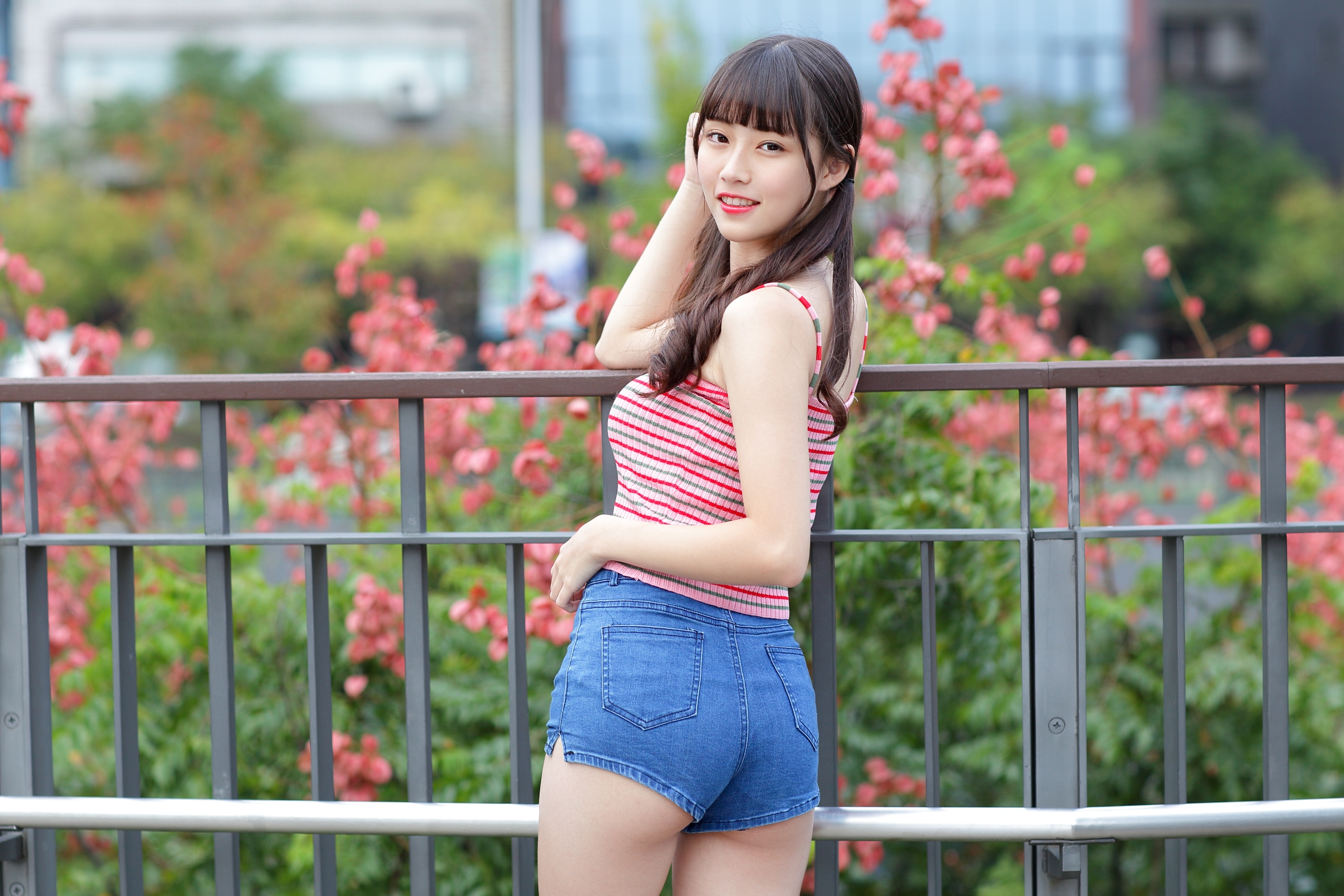 People 2560x1707 women model Asian brunette twintails bangs tank top striped tops jean shorts short shorts women outdoors Angela Wei Ting