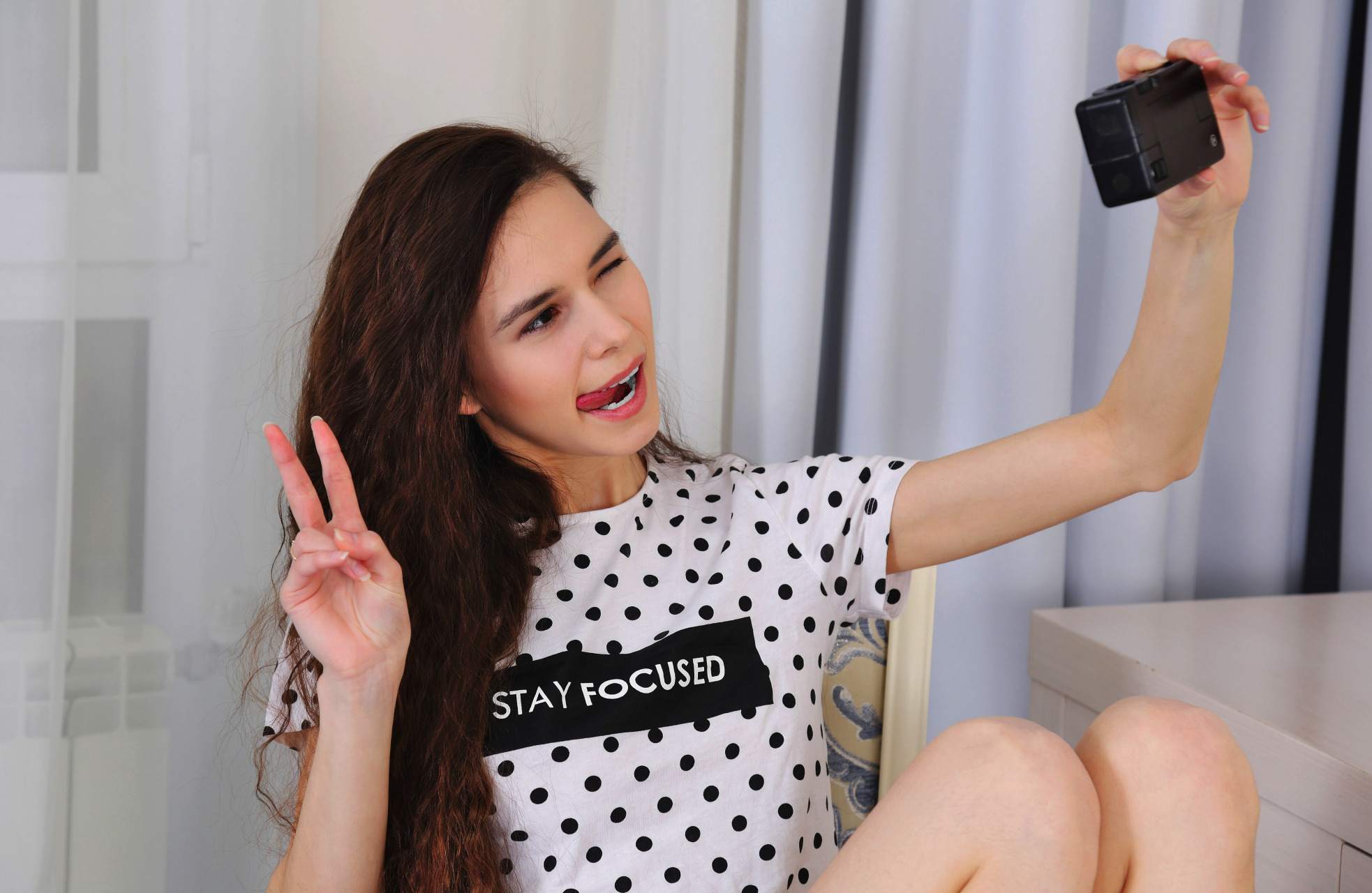 People 1966x1280 model tongue out women photography camera pink lipstick long hair brunette white t-shirt indoors knees together T-shirt women indoors Leona Mia selfies