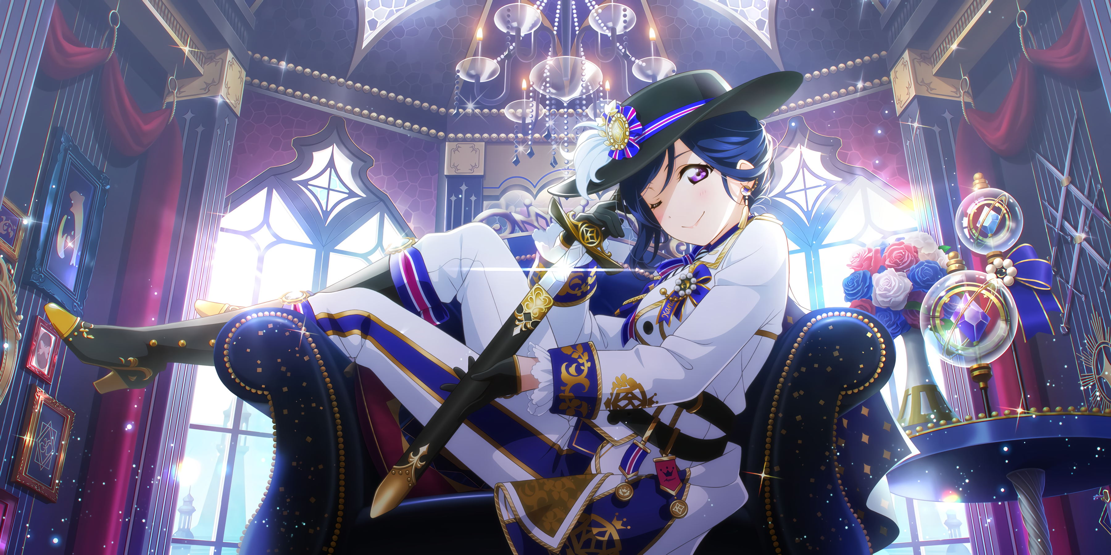 Anime 3600x1800 Love Live! Love Live! Sunshine anime girls anime hat women with hats fantasy art fantasy girl blue hair women with swords looking at viewer legs legs up women indoors indoors one eye closed purple eyes weapon Matsuura Kanan