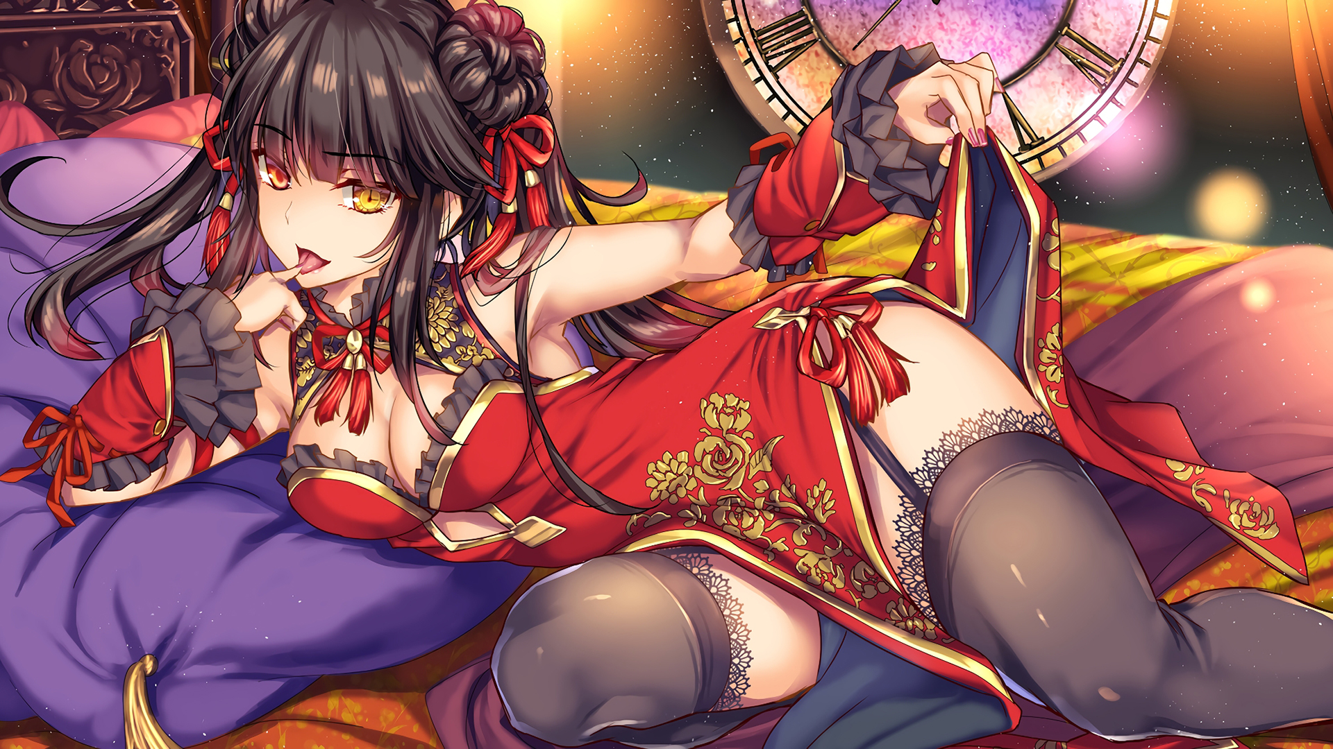 Anime 1920x1080 long hair chinese dress anime girls Date A Live black stockings cleavage heterochromia black hair Tokisaki Kurumi Moneti tongue out garter straps lying down lying on side stockings tongues looking at viewer frills lifting clothes clocks Roman numerals tassels hair ornament dress chinese clothing in bed bed