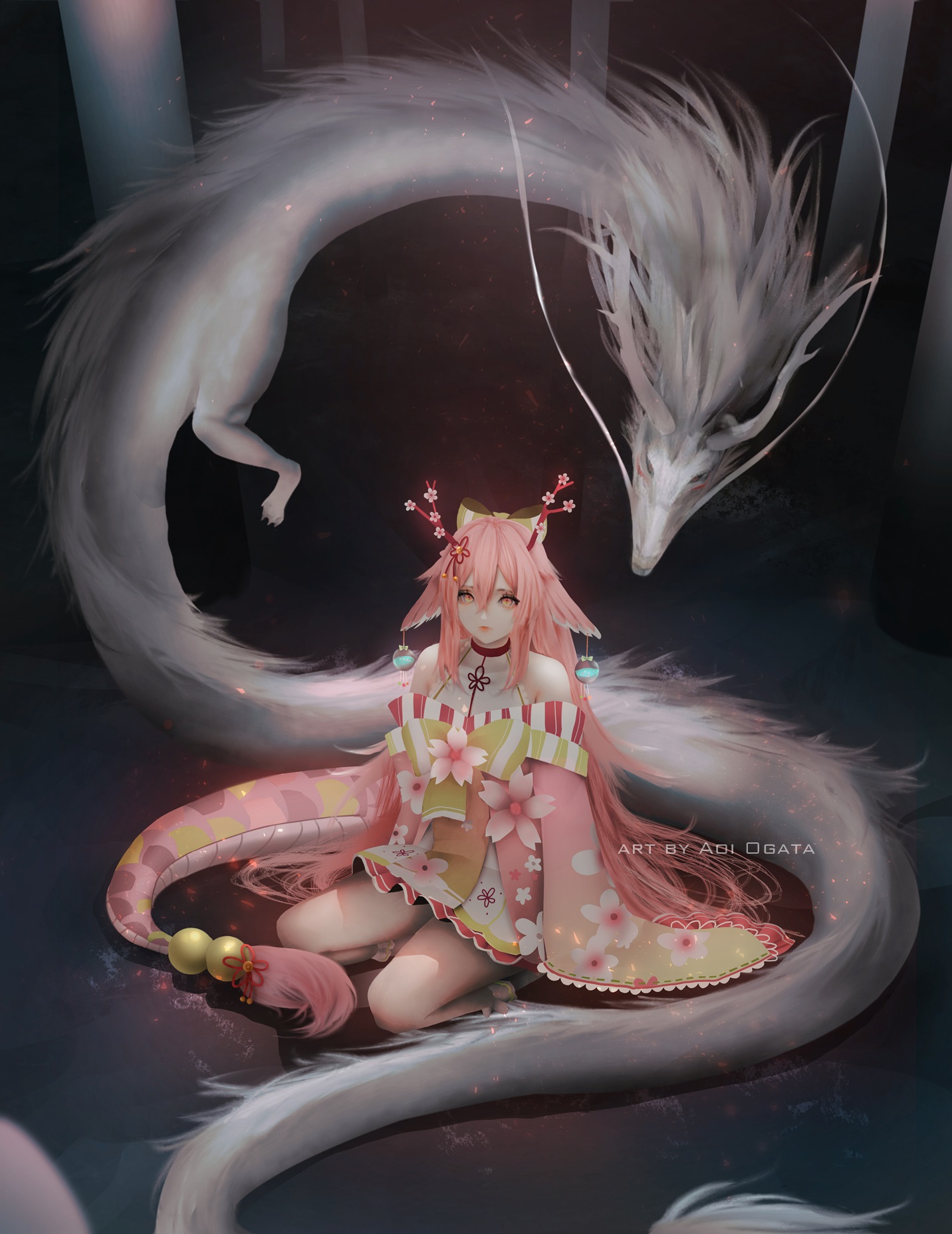 Anime 1432x1856 anime anime girls Aoi Ogata simple background original characters dragon girl dragon horns portrait display Japanese clothes kneeling pink hair tail Chinese dragon