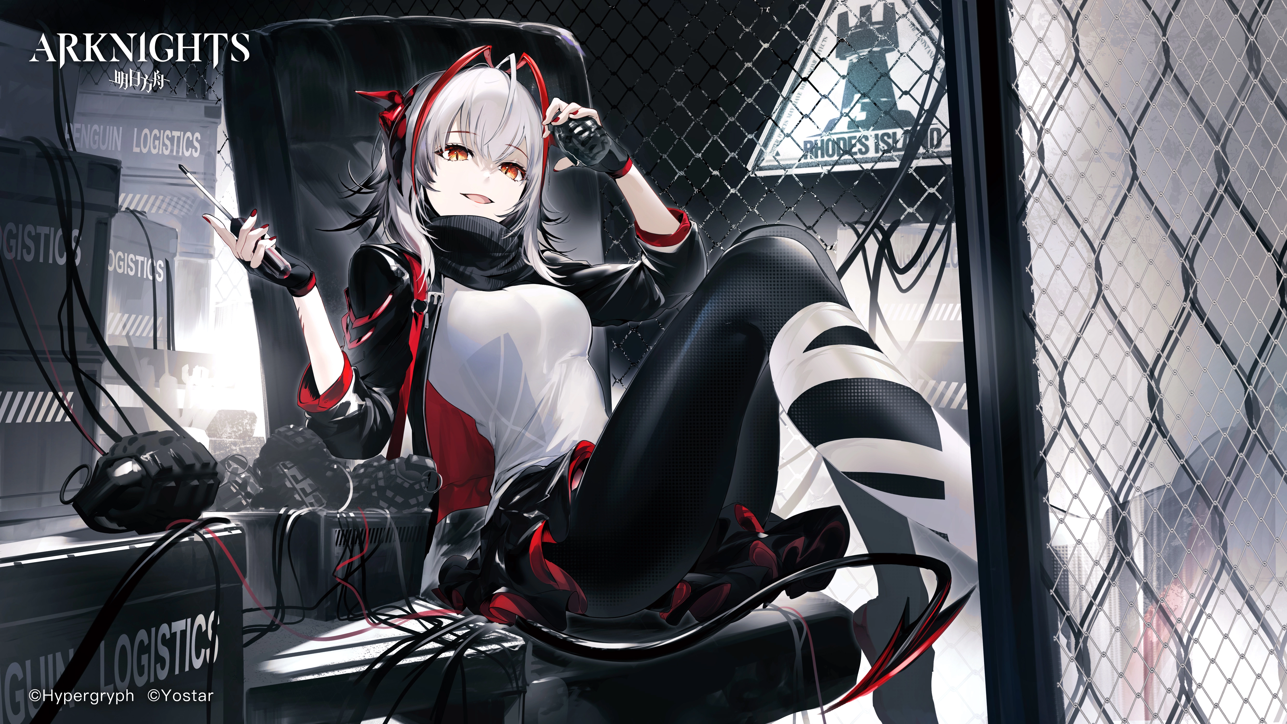 Anime 5333x3000 anime video game characters video games Arknights W (Arknights) gray hair horns red eyes screwdriver grenades white shirt Rhodes Island (Arknights) red nails tail skirt anime girls Hoojiro women