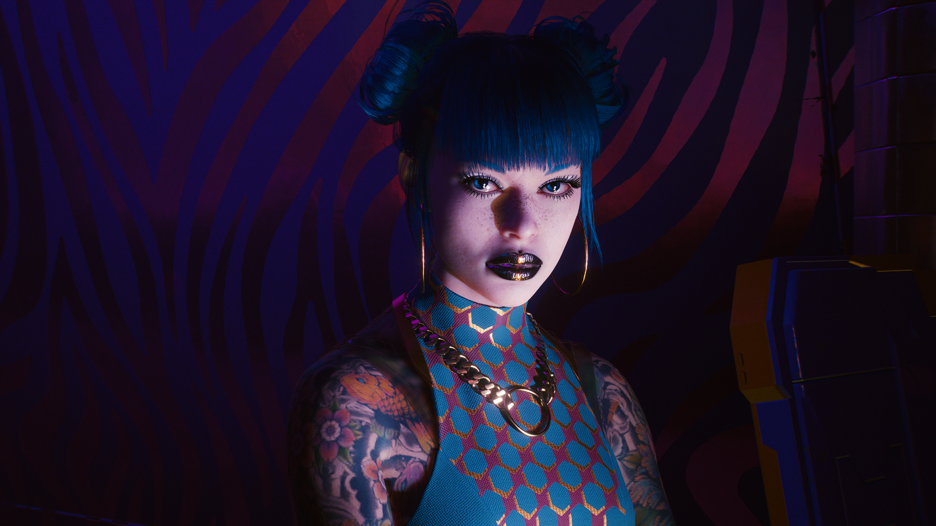 General 1920x1080 Cyberpunk 2077 CD Projekt RED video game girls tattoo looking at viewer necklace blue hair blue eyes blue eyeshadow gold chains video game characters