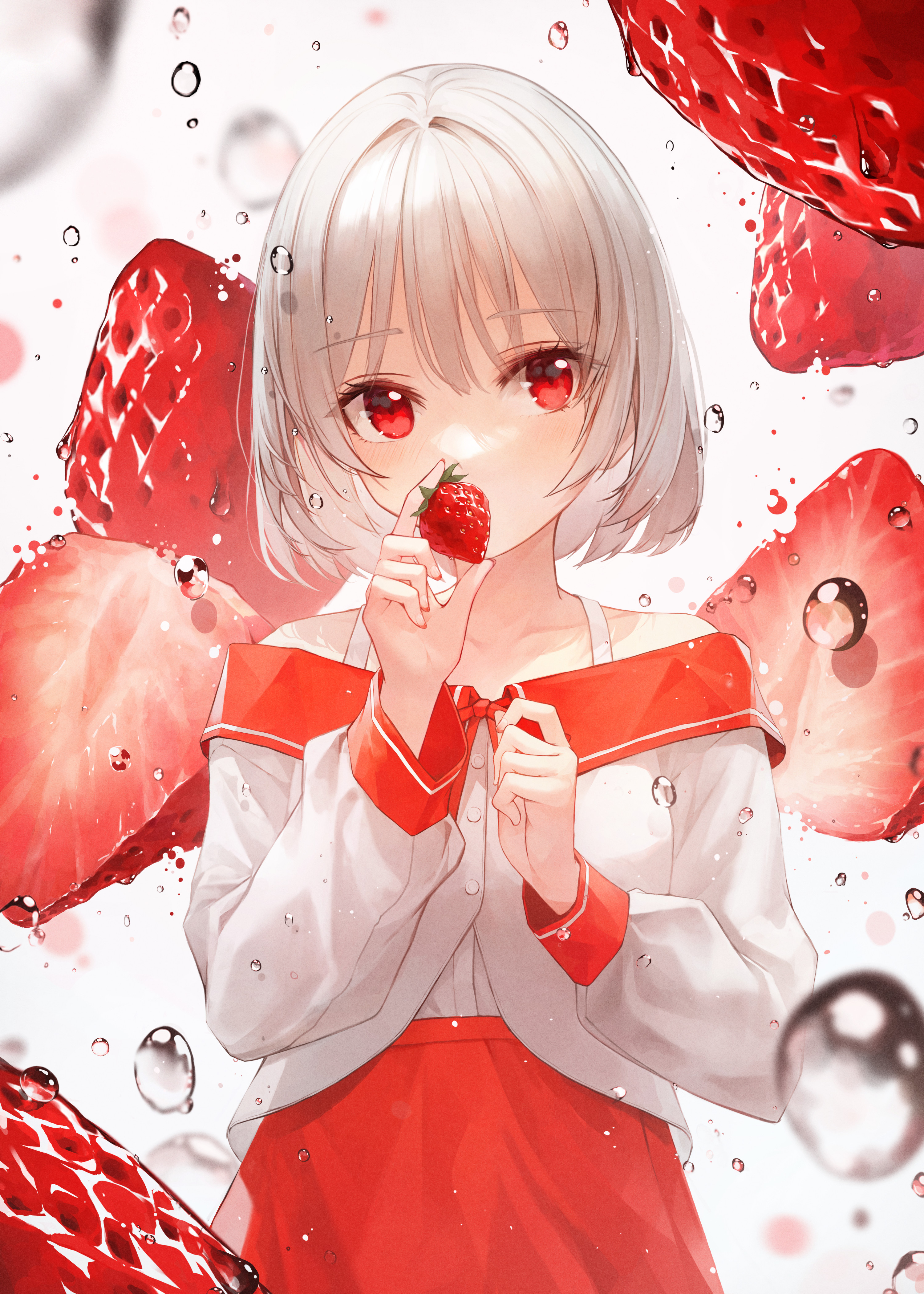 Anime 3000x4200 anime anime girls CrystalHerb artwork strawberries white hair fruit red eyes