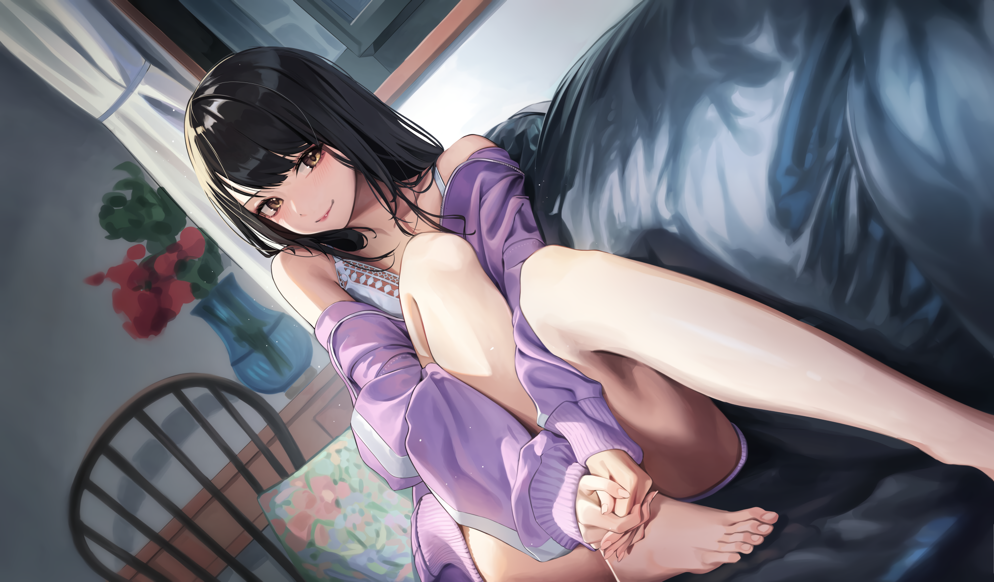Anime 2000x1172 anime anime girls women indoors black hair smiling yellow eyes thighs legs sweater purple sweater long hair barefoot looking at viewer