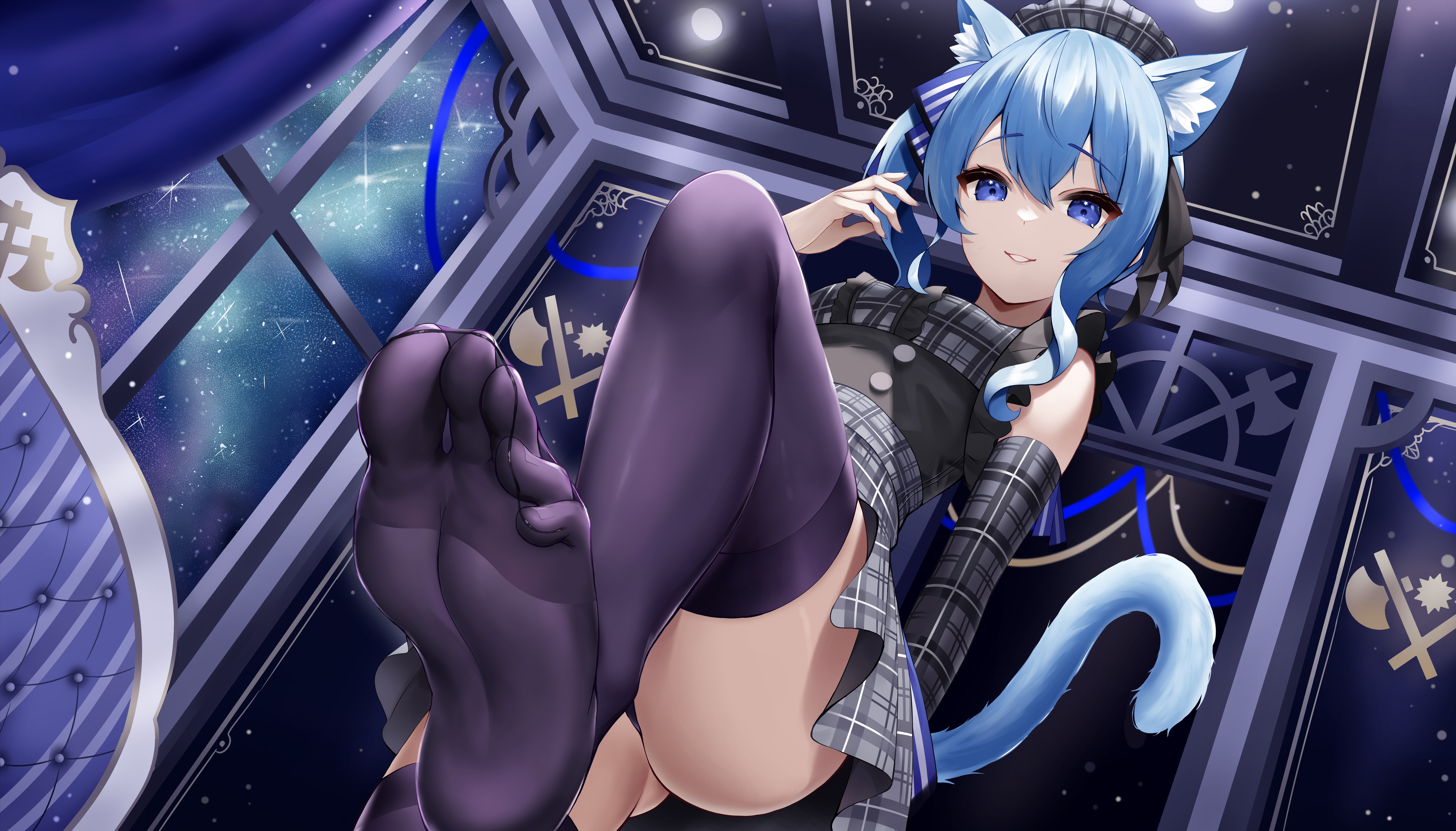 Anime 8298x4738 anime anime girls stockings foot fetishism black stockings cat girl feet looking at viewer hair between eyes blue hair blue eyes bare shoulders smiling upskirt ass ROiNA looking below Hoshimachi Suisei Hololive Virtual Youtuber cat ears cat tail