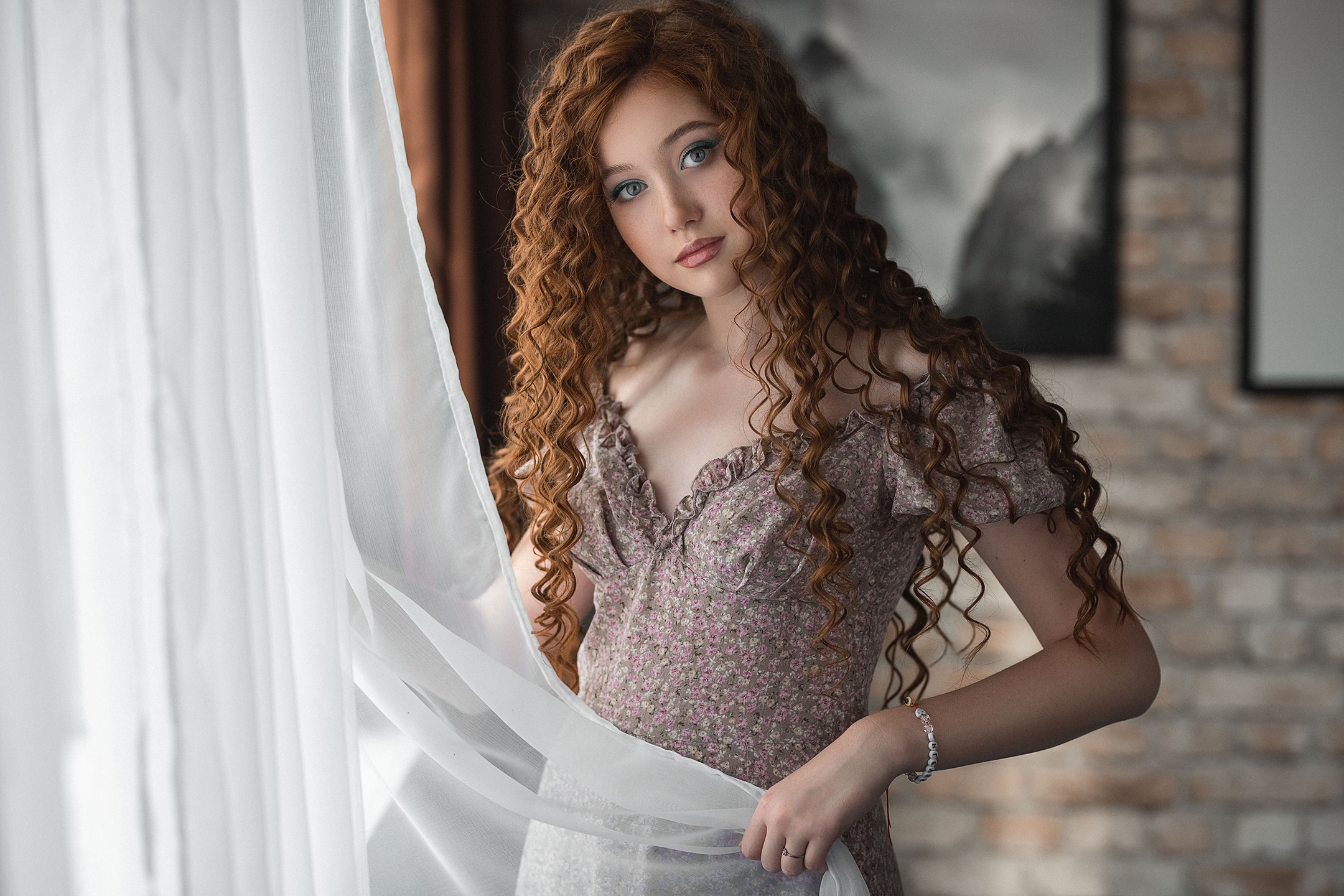 People 2160x1440 Vladimir Vasilev women redhead long hair curly hair looking at viewer makeup dress curtains Angelina (model)
