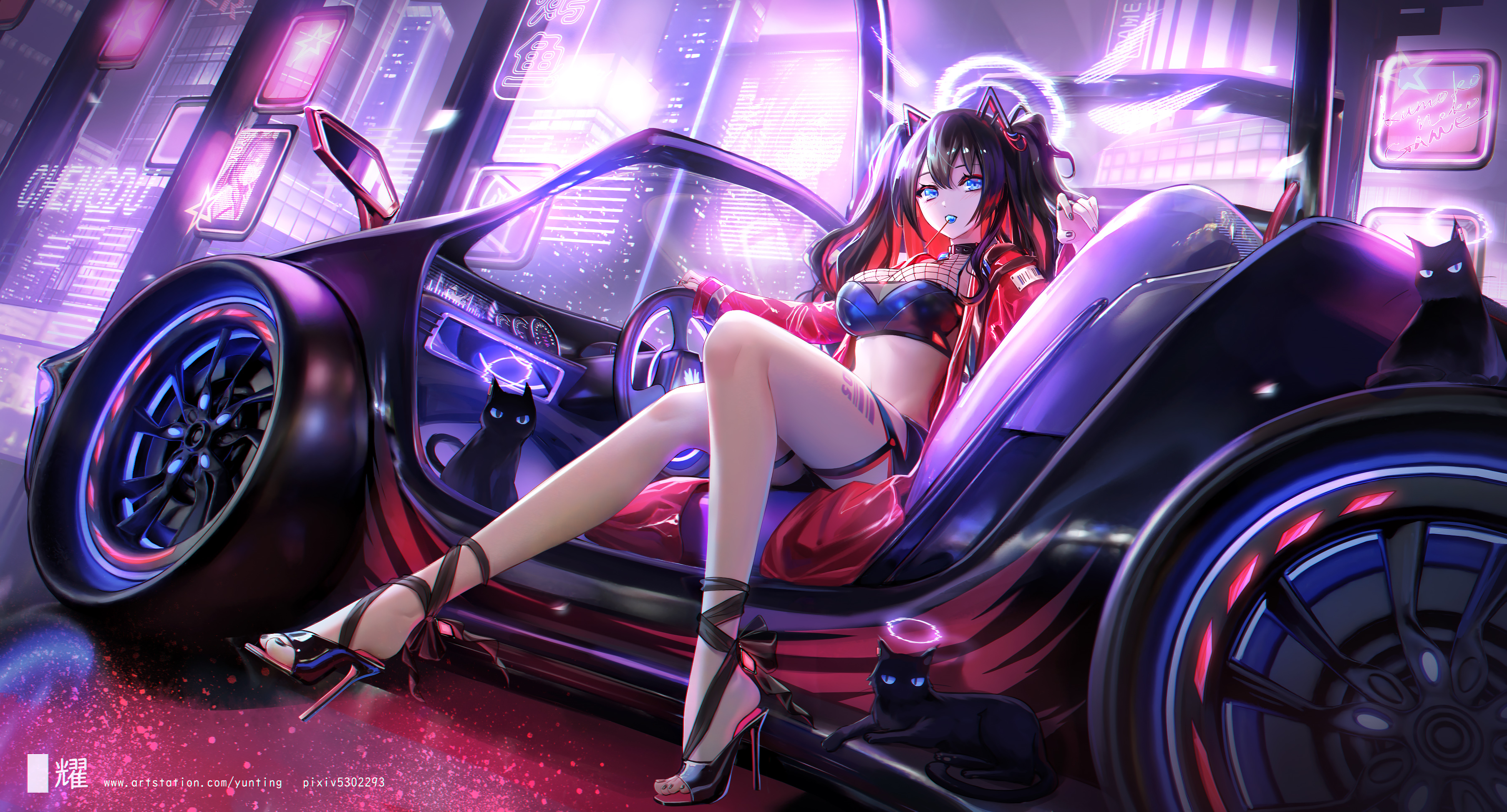 Anime 3612x1947 anime anime girls car women with cars vehicle heels ArtStation legs inked girls barcode dark hair black hair lollipop food sweets long hair blue eyes looking at viewer cats crop top short shorts artwork Lalazyt low-angle