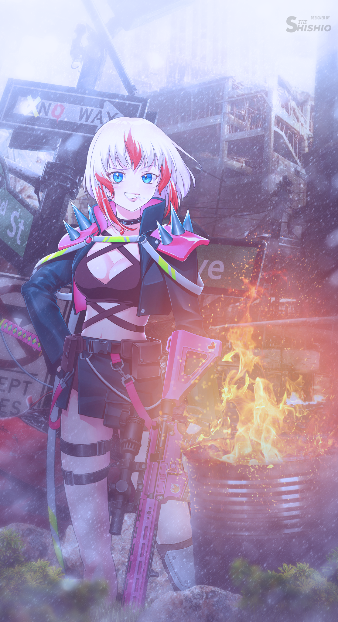 Anime 1113x2048 anime Virtual Youtuber apocalyptic blue red City Map