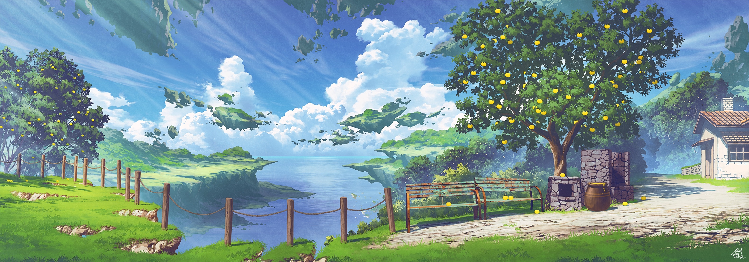 Anime 3167x1109 anime landscape nature sky clouds trees bench