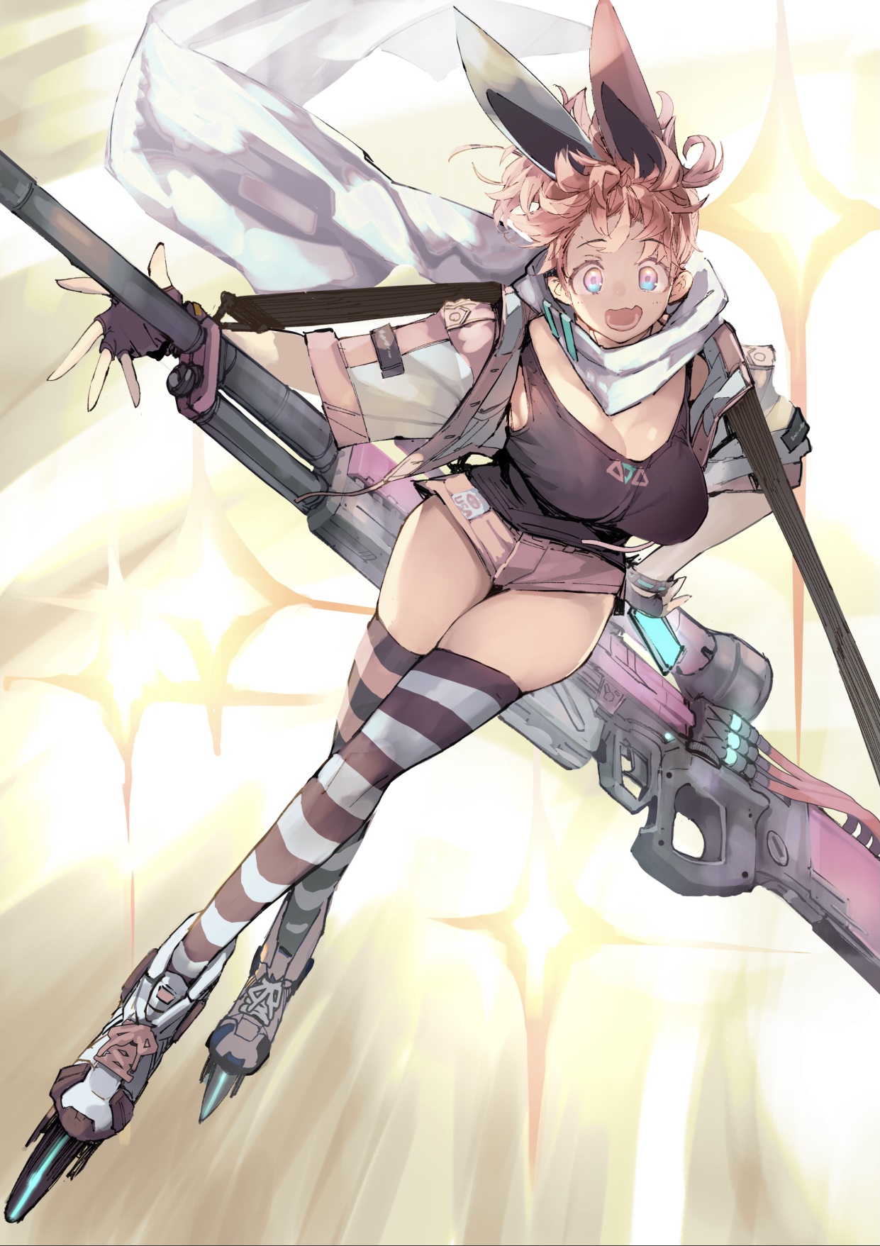 Anime 1241x1757 anime anime girls Hyocoro simple background portrait display original characters roller skates cleavage gun redhead bunny ears bunny girl thighs open mouth black top top sniper rifle skating
