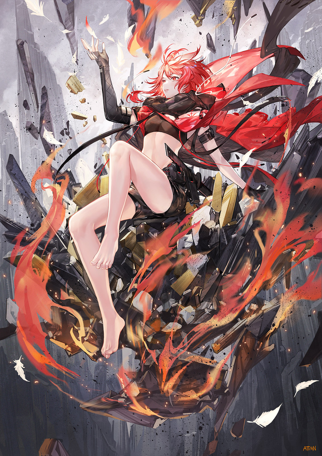 Anime 1131x1600 anime anime girls Atdan portrait display redhead short hair barefoot Synthesizer v red eyes feathers cape crop top short shorts feet