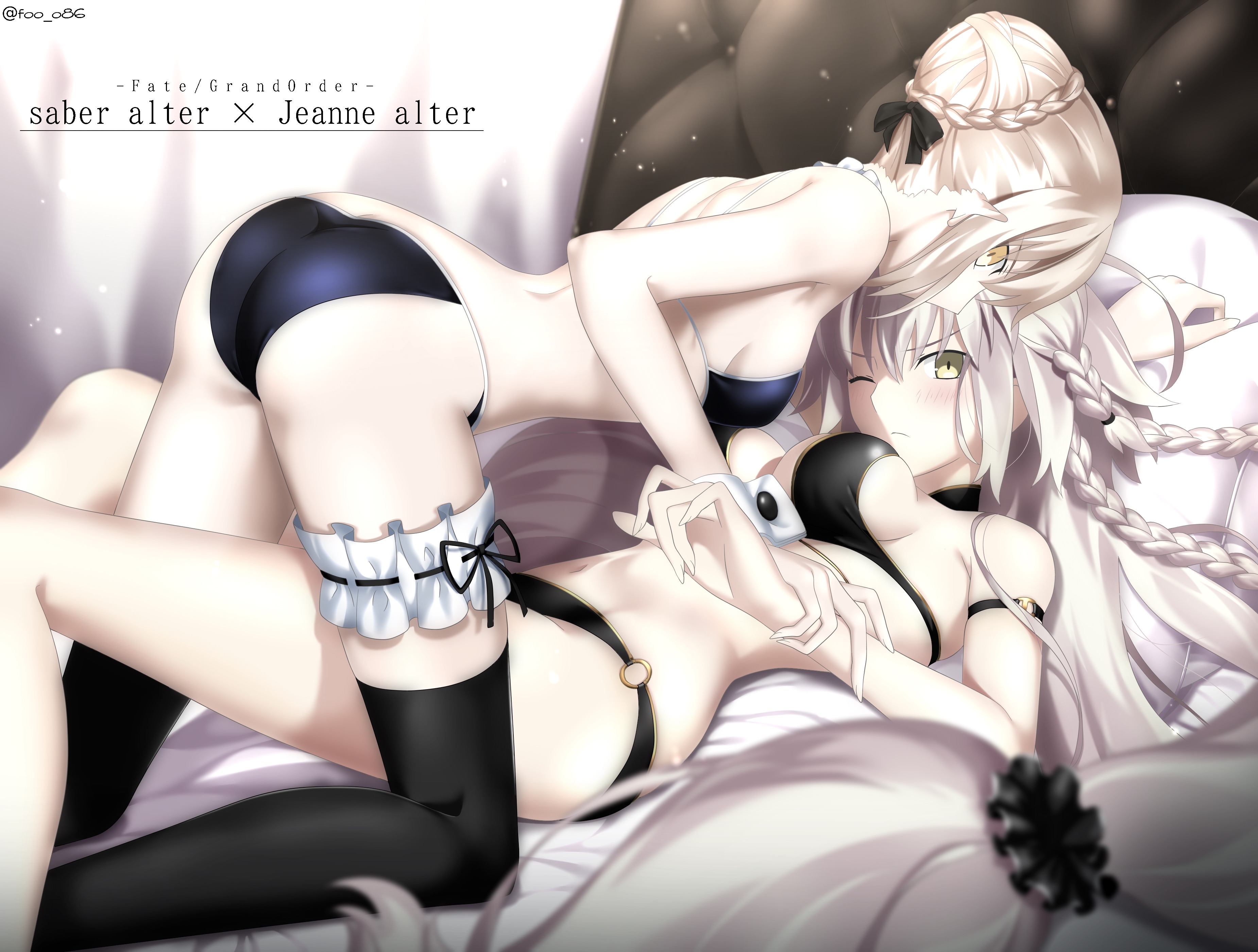 Anime 3700x2800 Fate/Grand Order Saber Alter two women ass lying on back bent over boobs blonde in bed one eye closed anime girls anime Artoria Pendragon Jeanne (Alter) (Fate/Grand Order) Jeanne d'Arc (Fate) Fate series bikini silver hair