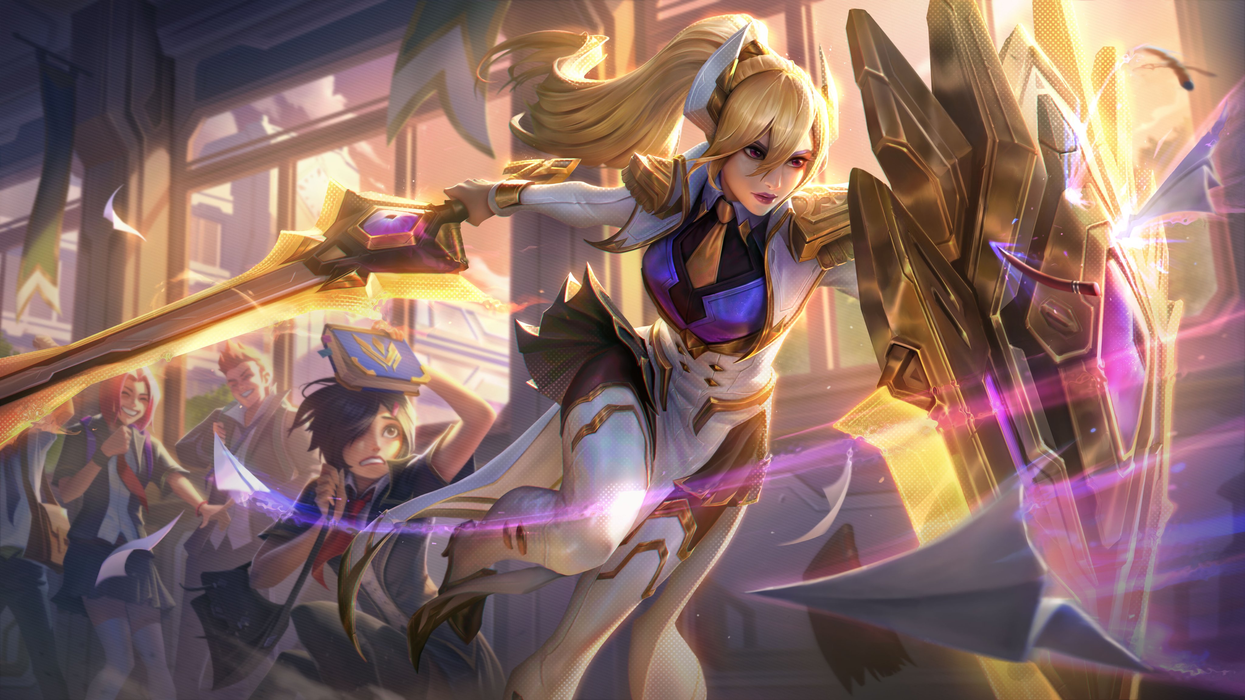 General 4096x2305 Leona (League of Legends) Battle Academia League of Legends video game art video game girls video game characters video games women sword girls with guns PC gaming shield blonde tie red eyes hair in face long hair