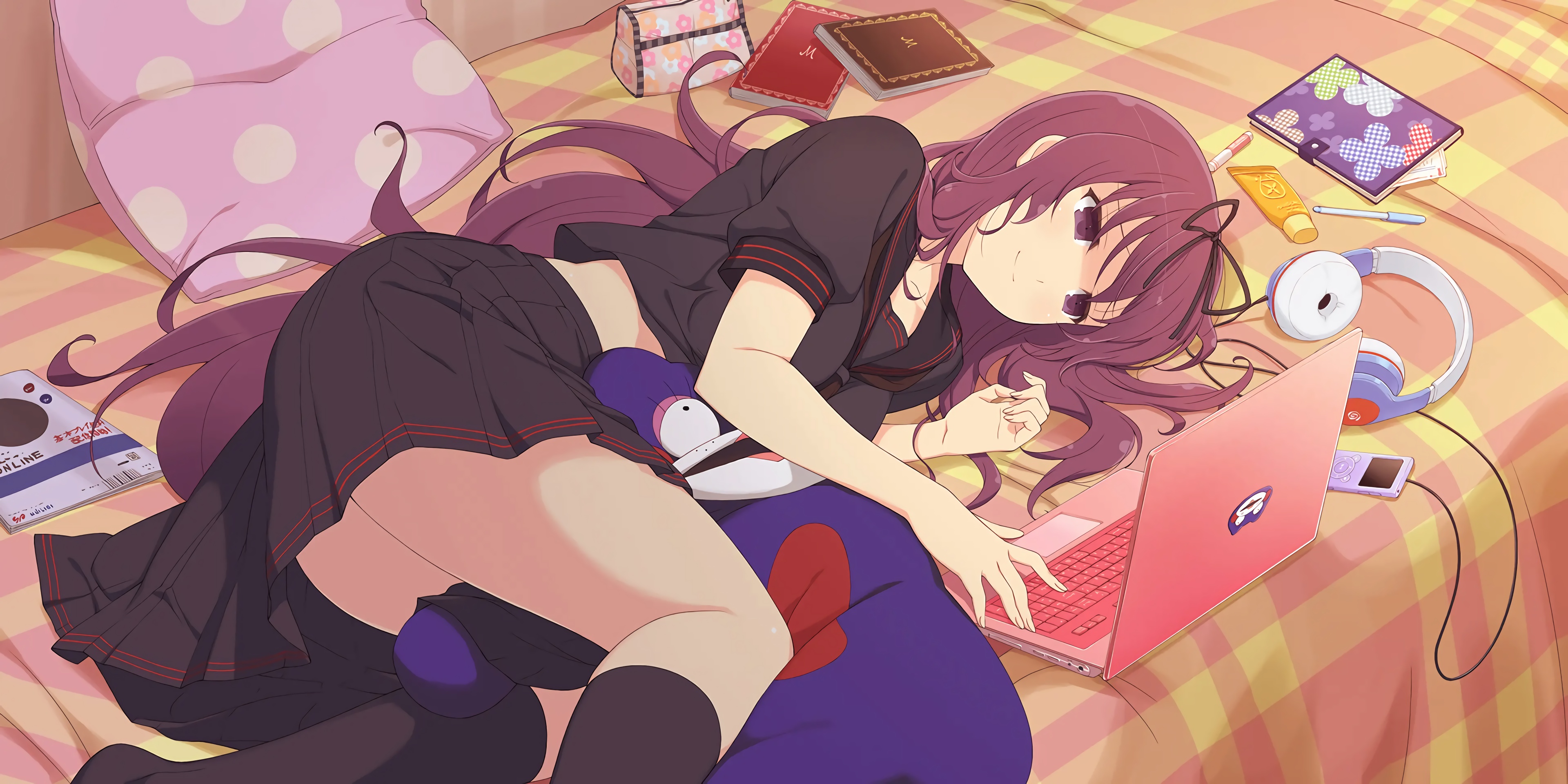Anime 3840x1920 Senran Kagura bed anime anime girls school uniform laptop lying down headphones women indoors thighs skirt pillow long hair