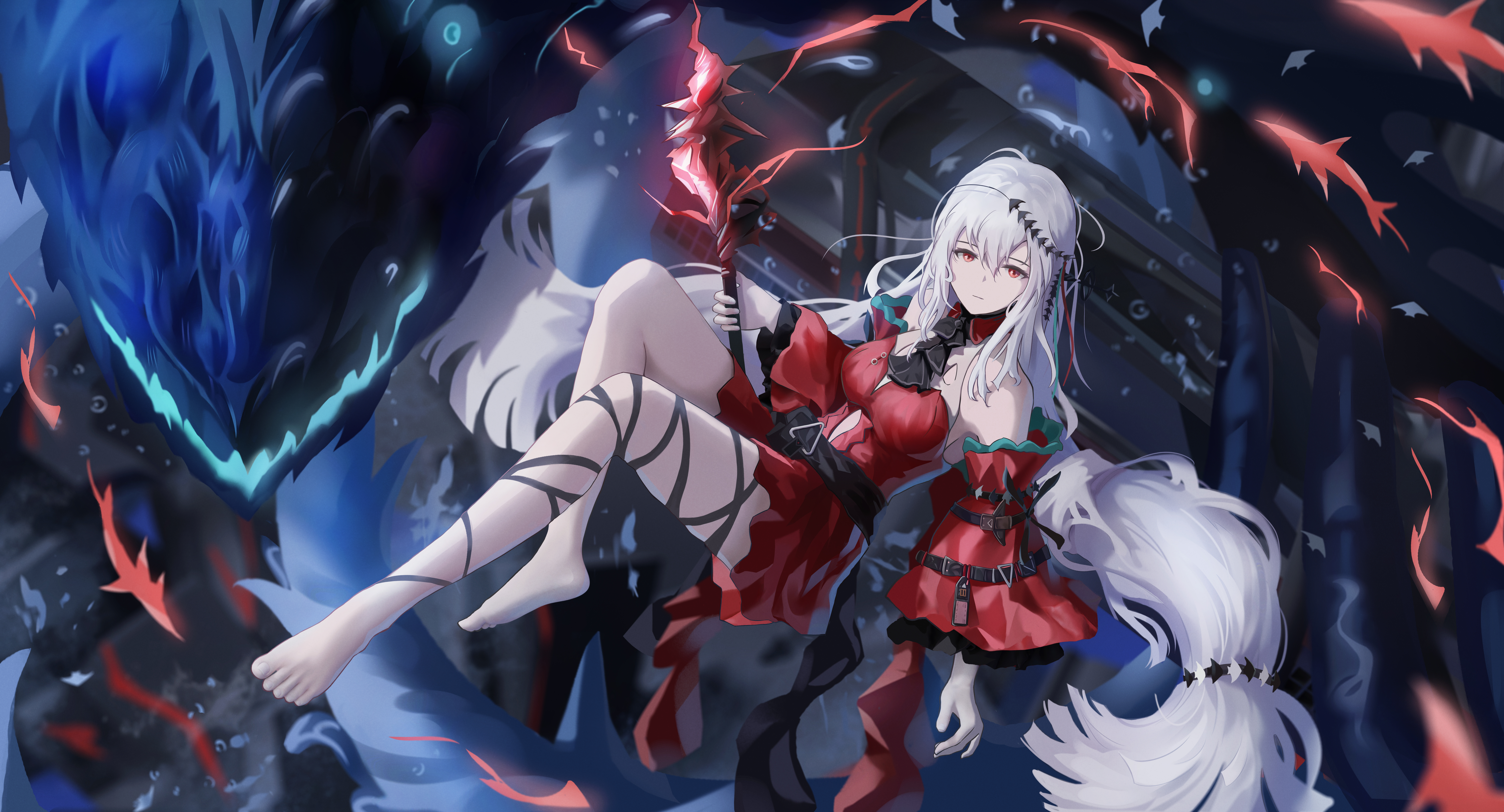Anime 10000x5400 Arknights pantyhose red clothing weapon white hair long hair