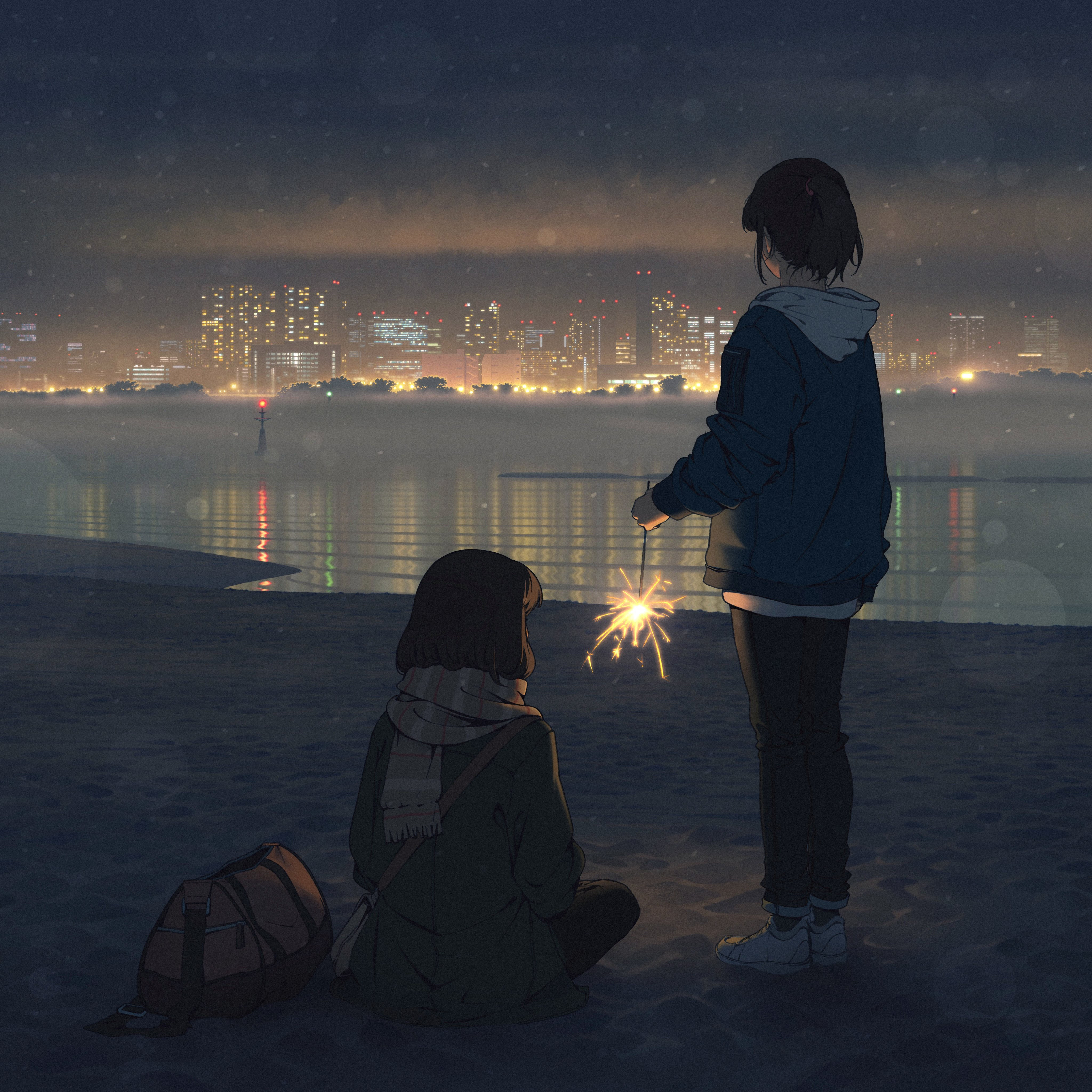 Anime 4096x4096 anime girls beach fireworks city