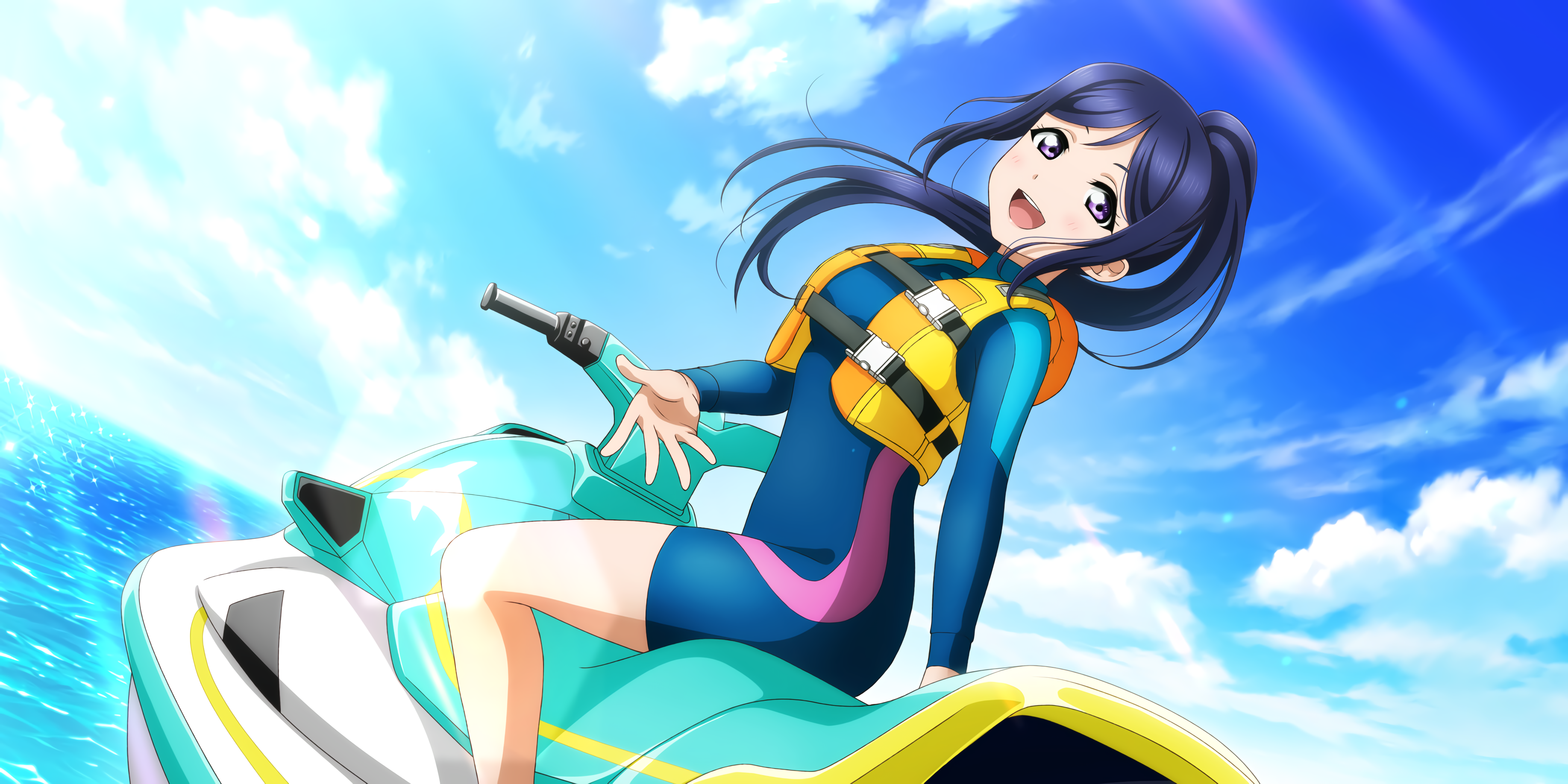 Anime 3670x1836 Matsuura Kanan Love Live! purple eyes blue hair blushing jet ski sea