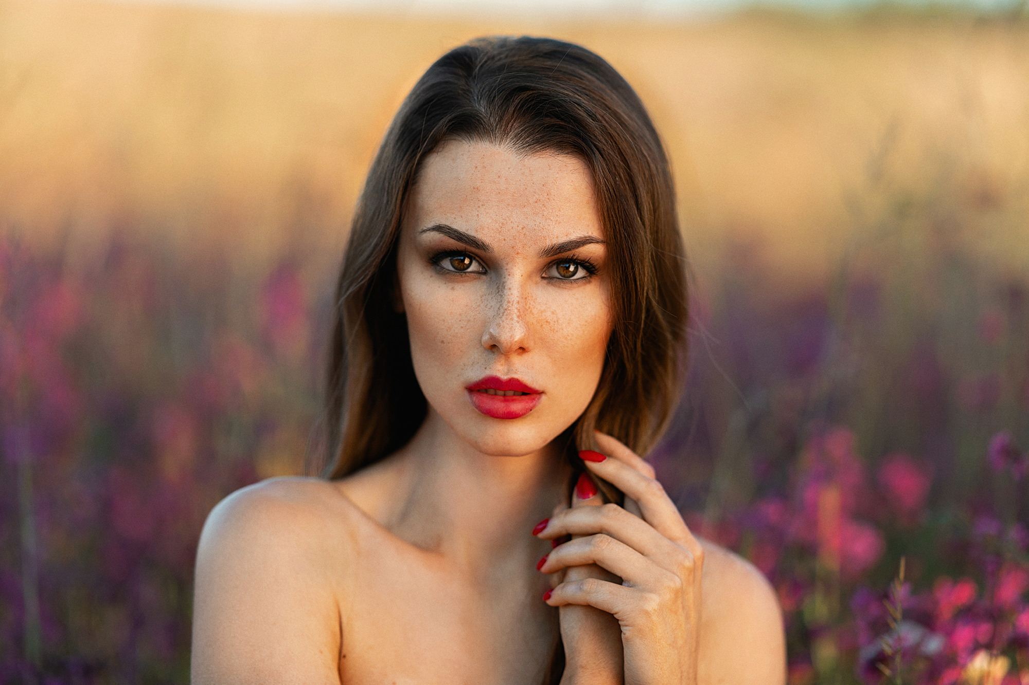 People 2000x1333 Aleksey Sumnikov women Kristina Fedorov brunette brown eyes freckles red lipstick red nails field lavender portrait model women outdoors