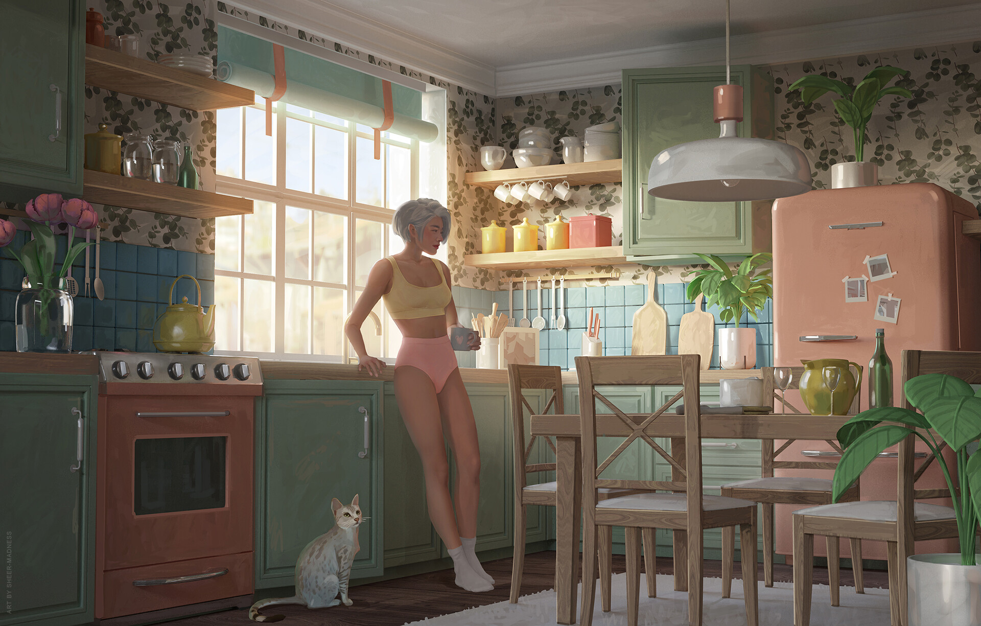 General 1920x1225 artwork indoors cats animals kitchen oven table cup fridge gray hair socks morning