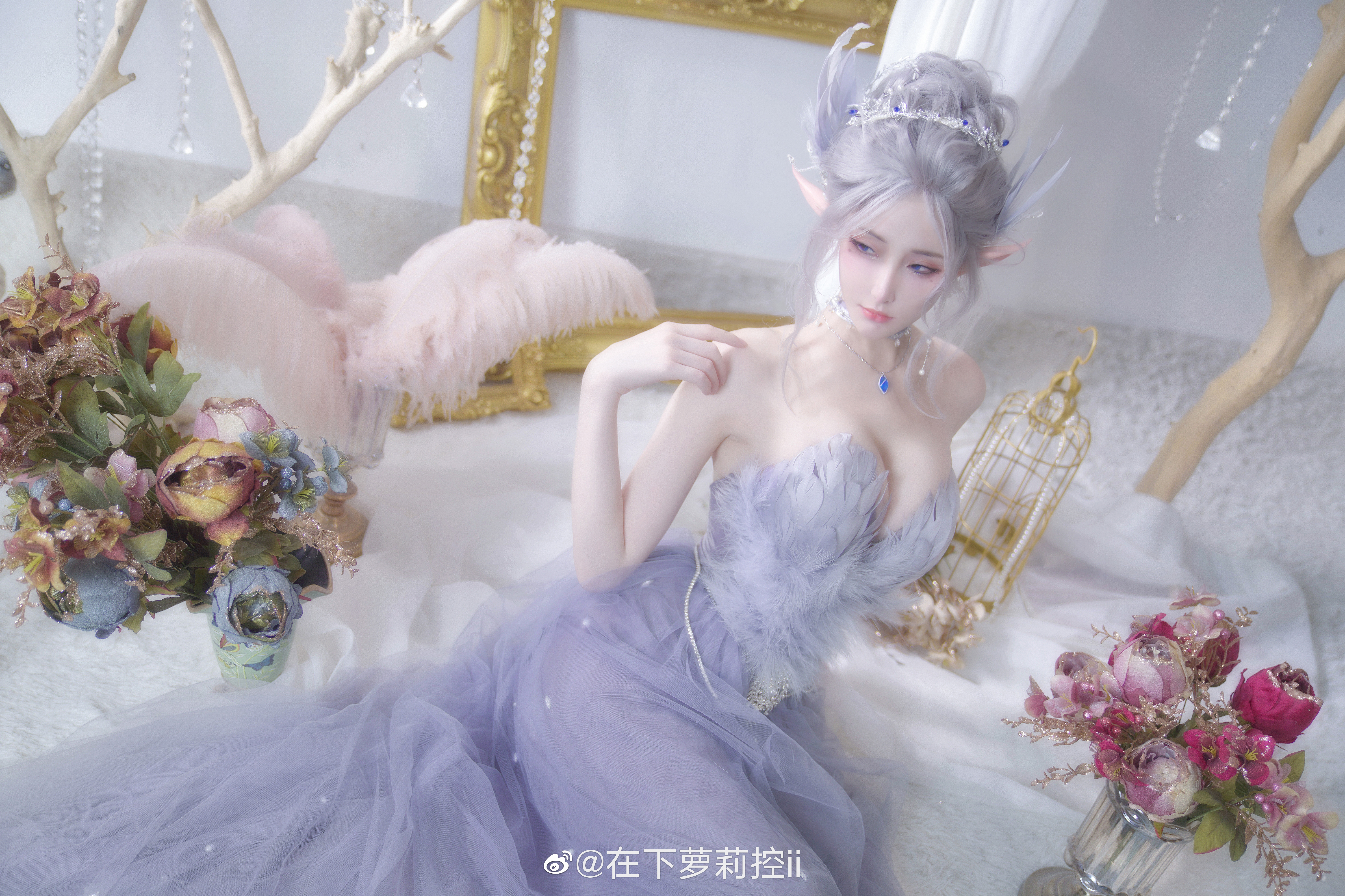 People 6000x4000 women cosplay Asian model women indoors indoors necklace plants looking away fantasy girl dress pointy ears gray hair