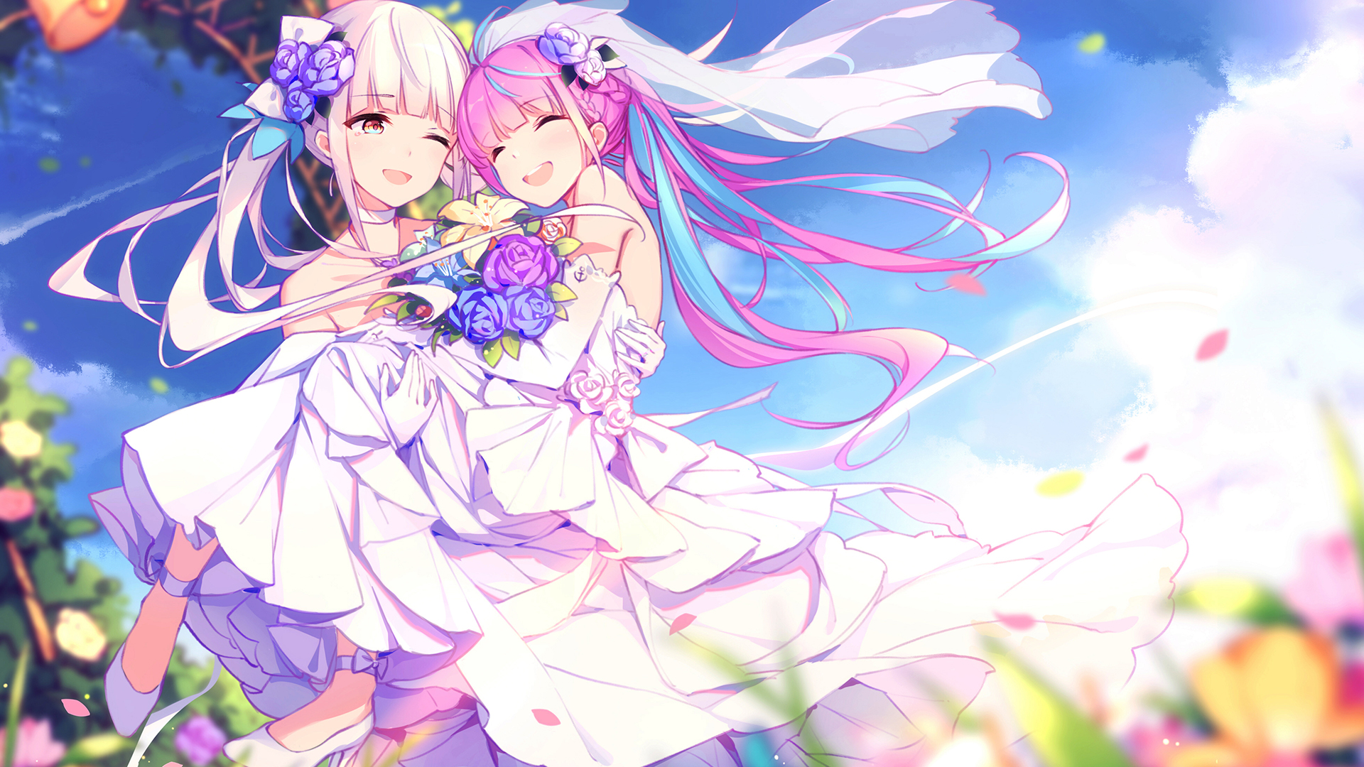 Anime 1920x1080 anime girls anime wedding dress closed eyes yuri lesbians multi-colored hair flowers Hololive Virtual Youtuber Kagura Mea Minato Aqua Timeo petals