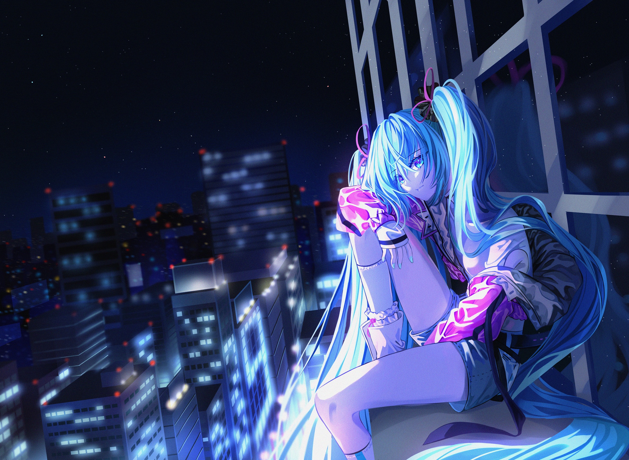 Anime 2376x1739 anime girls Hatsune Miku Vocaloid sitting cityscape city cyan hair long hair women outdoors urban