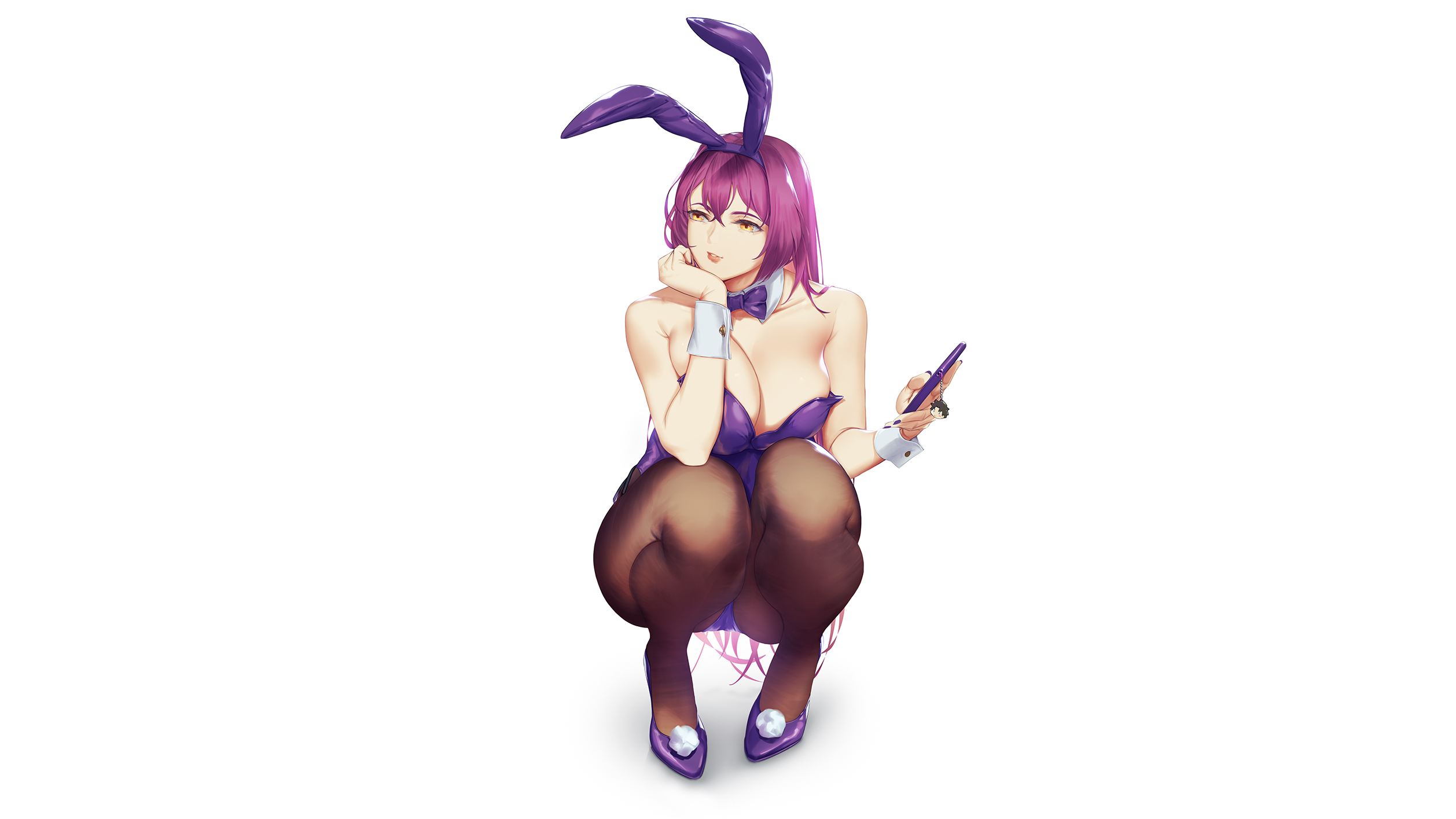 Anime 2516x1415 Scathach Fate/Grand Order anime anime girls bunny suit bunny ears necktie bodysuit pantyhose squatting bare shoulders cleavage white background simple background artwork 2D drawing fan art blueorca big boobs