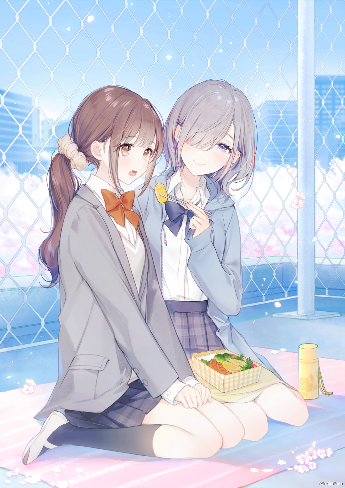 Anime 1447x2047 school anime girls eating school uniform kneeling artwork Gomzi