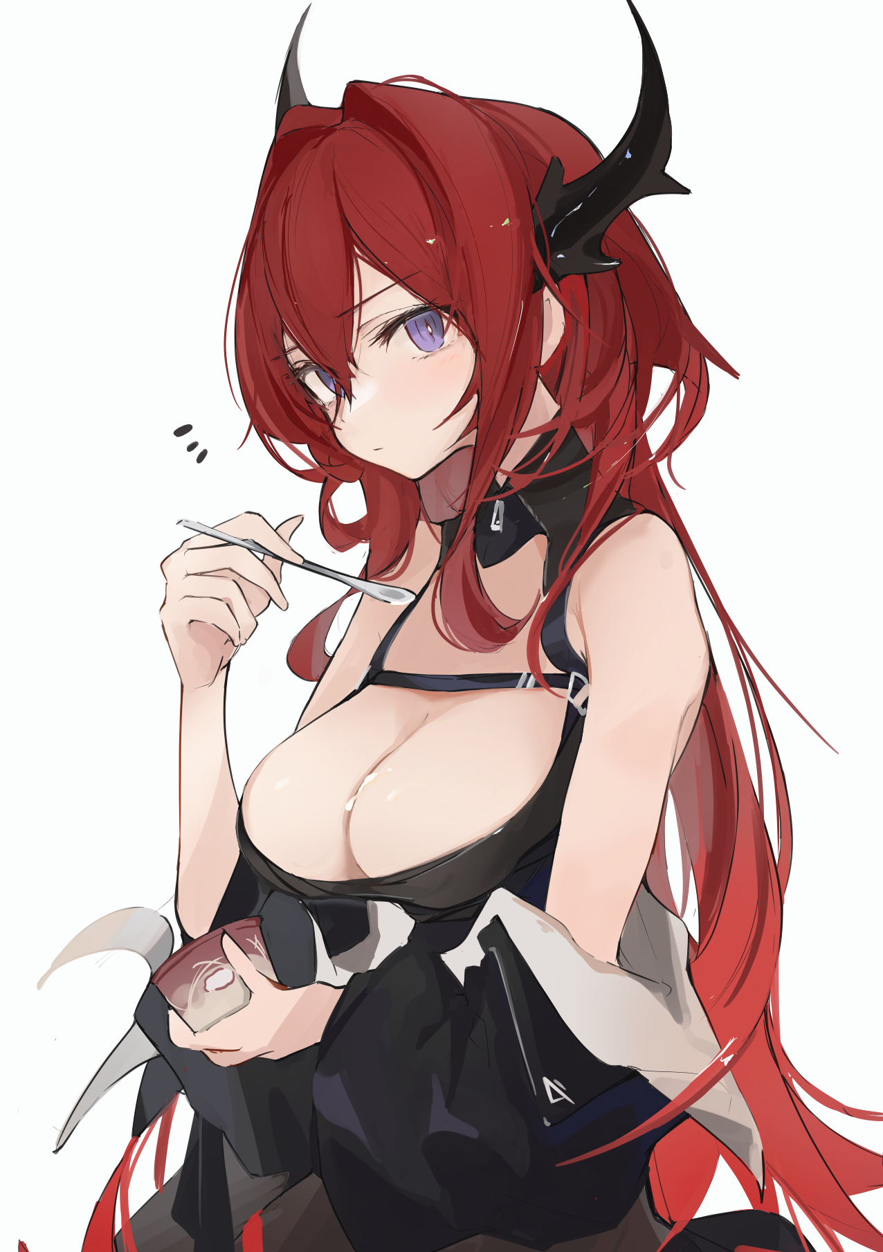 Anime 1276x1809 Arknights anime anime girls boobs big boobs redhead horns long hair curvy white background cleavage Surtr (Arknights) artwork Mikojin