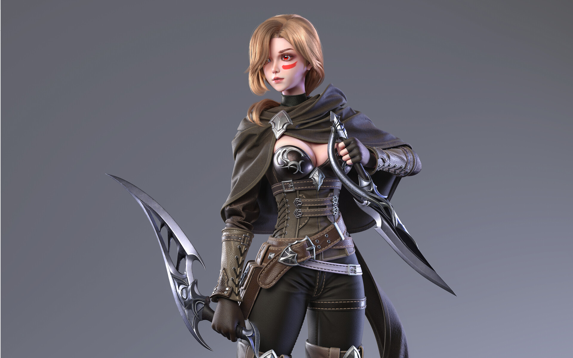 General 1920x1200 Cavan CGI women blonde face paint cowl weapon dagger red eyes simple background gray background