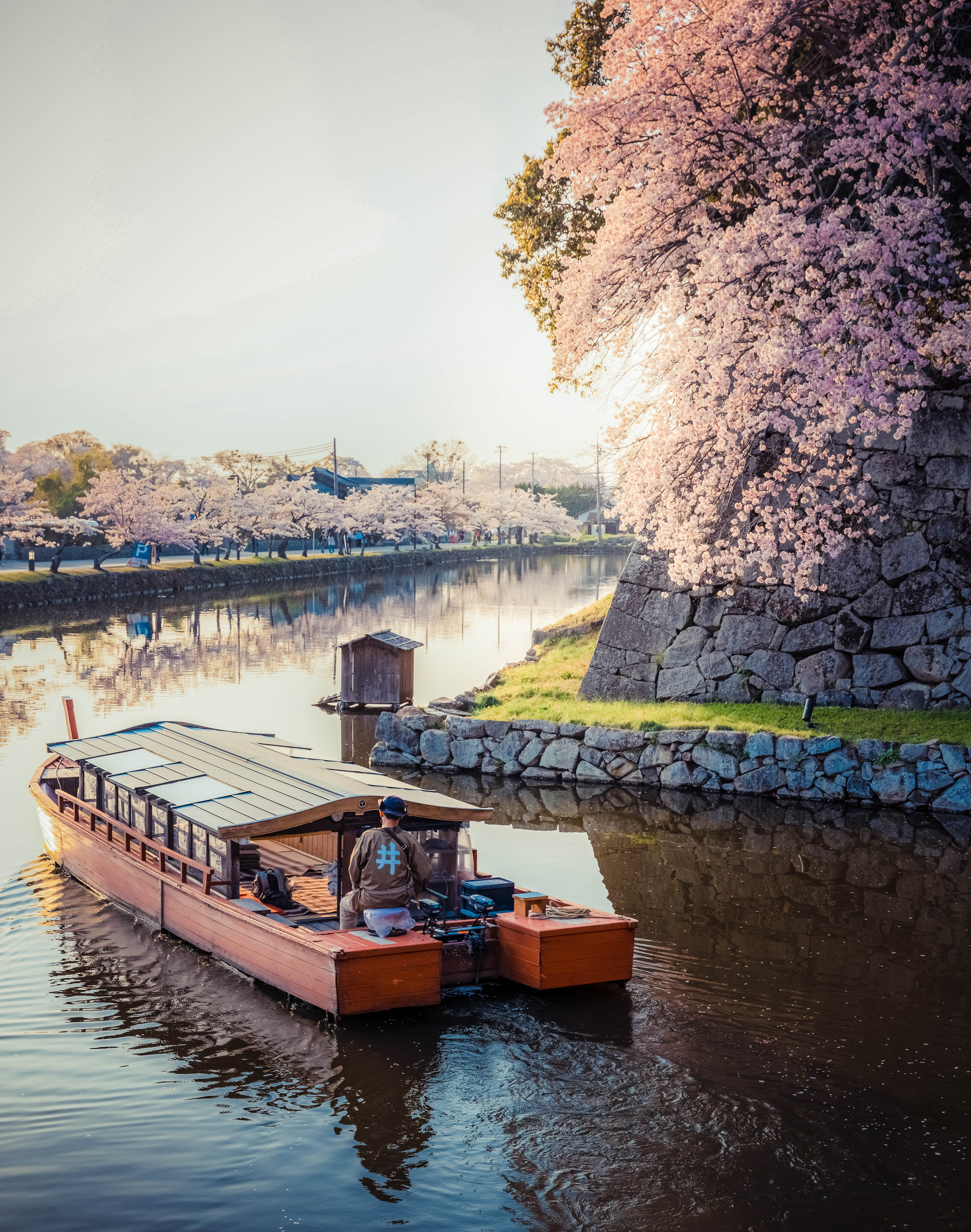 General 3713x4708 boat river stone cherry blossom water