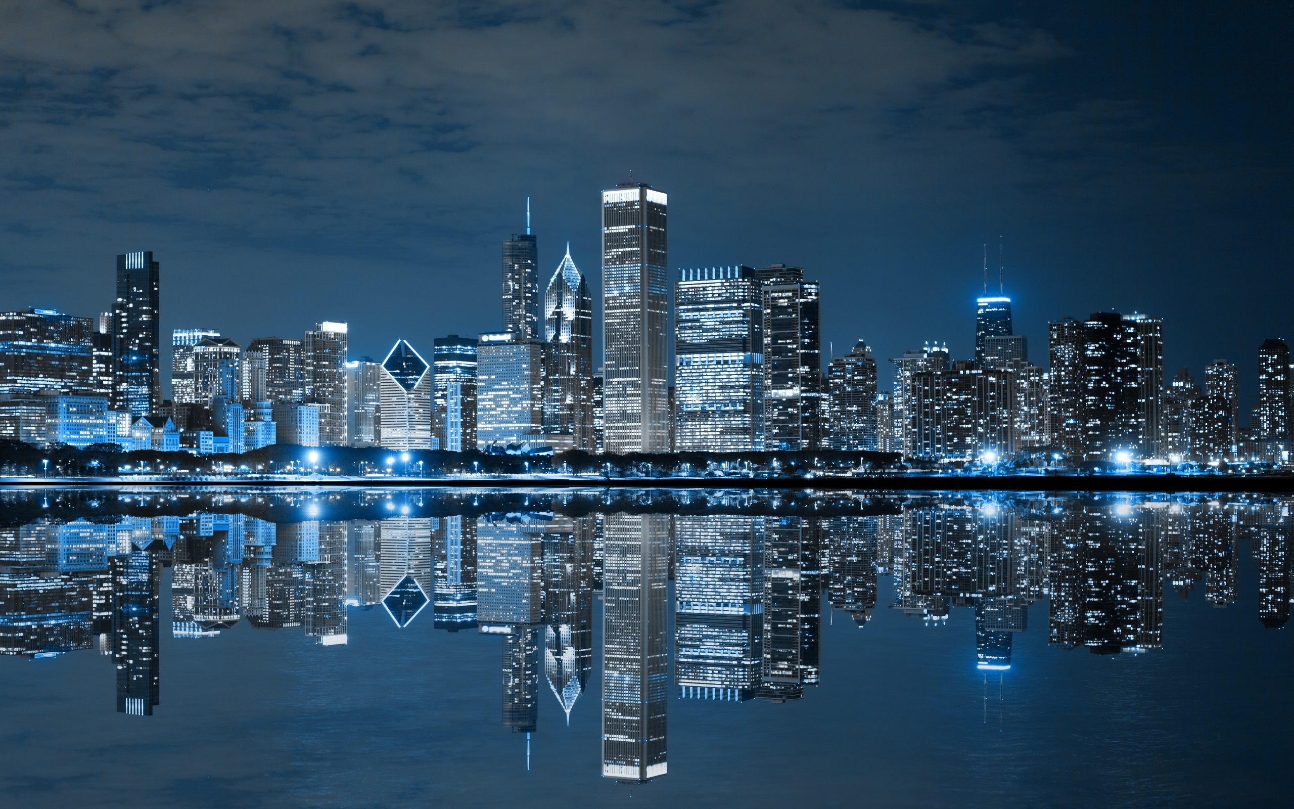 General 2560x1600 city city lights reflection water night urban Chicago USA