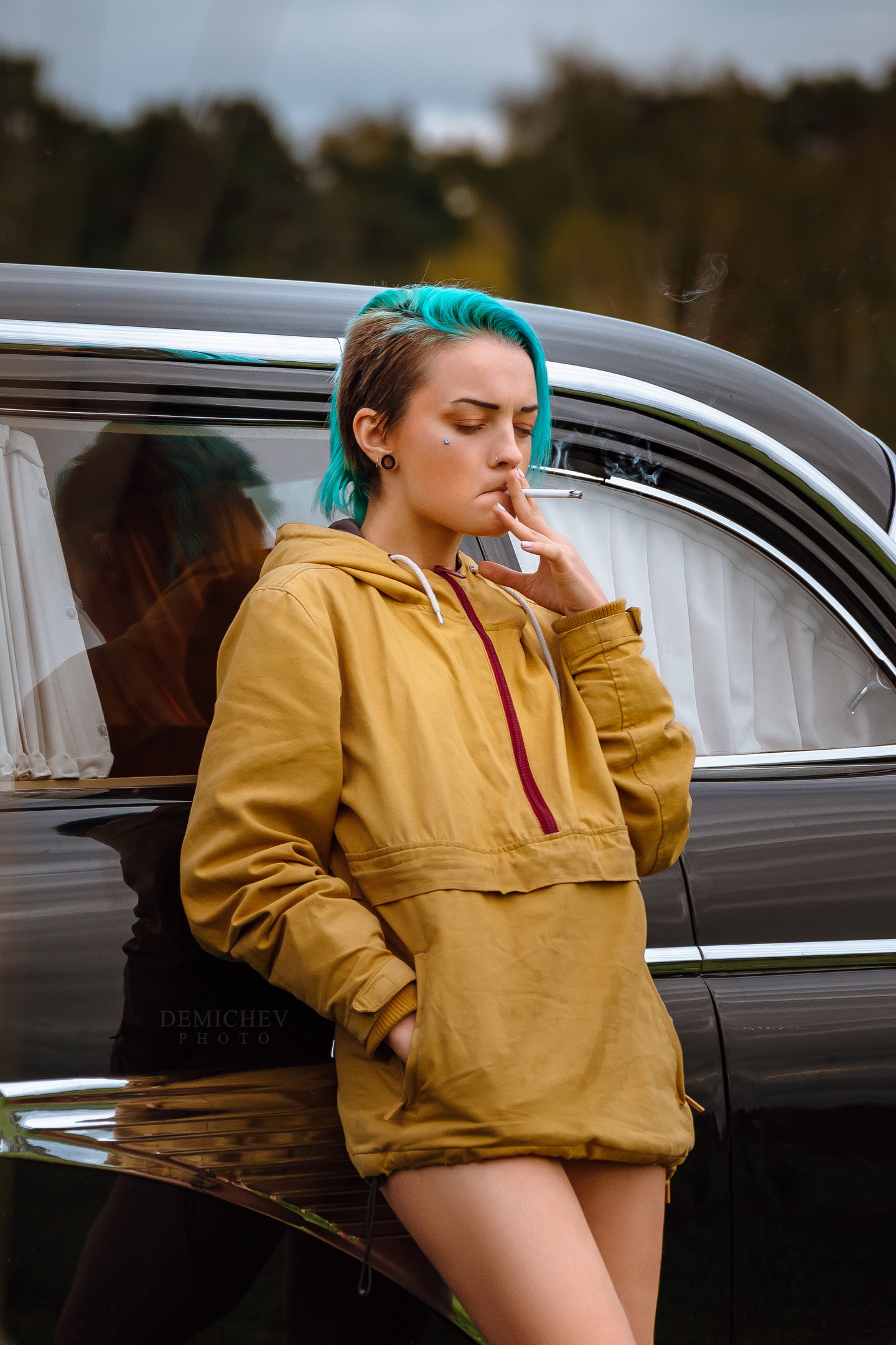 People 1440x2160 Petr Demichev women model car vehicle black cars women outdoors women with cars dyed hair cigarettes smoking piercing