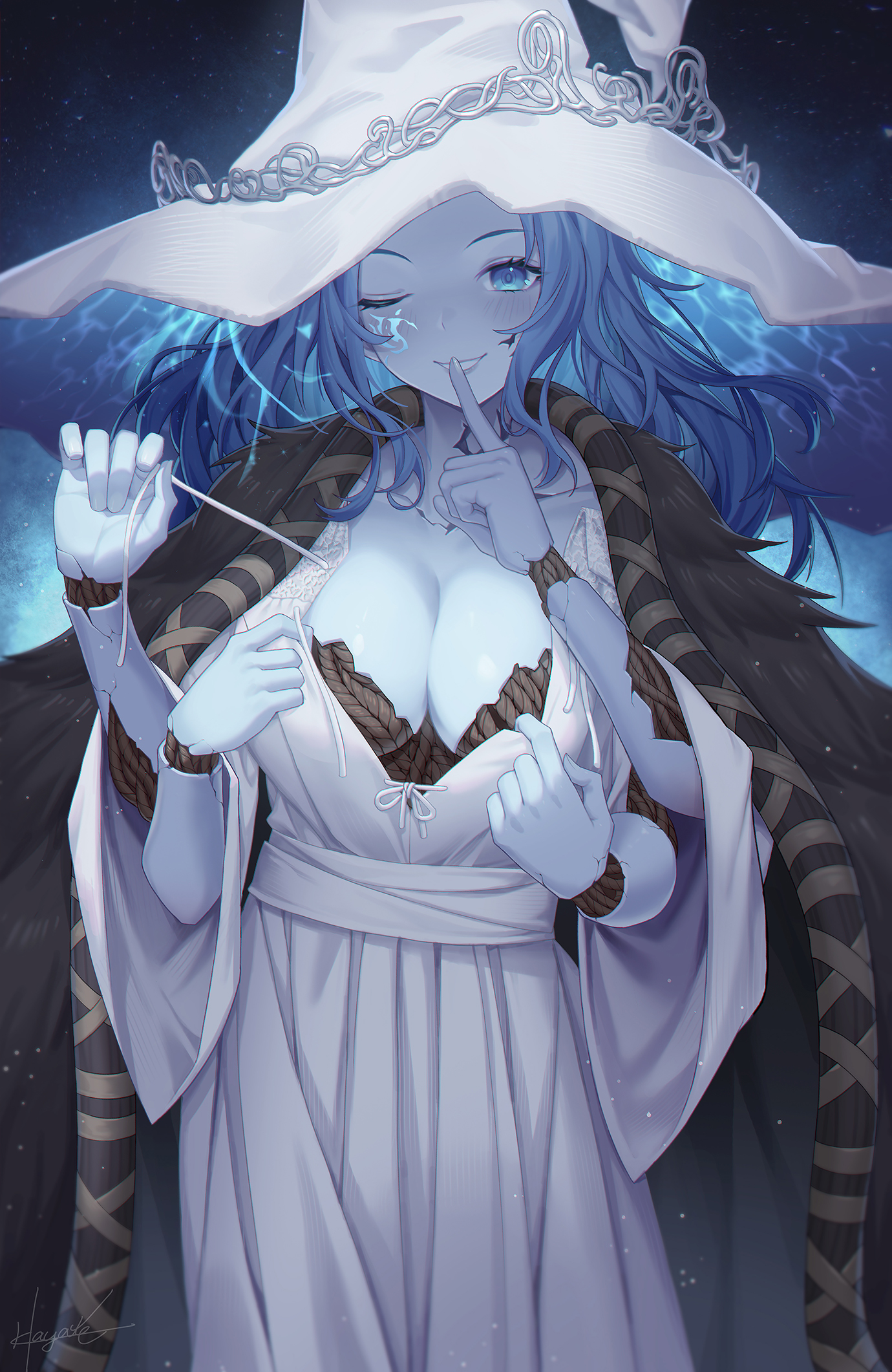Anime 1380x2122 Ranni (Elden Ring) Elden Ring fan art cleavage Four Arms witch big boobs blue hair blue eyes wink blue skin anime girls