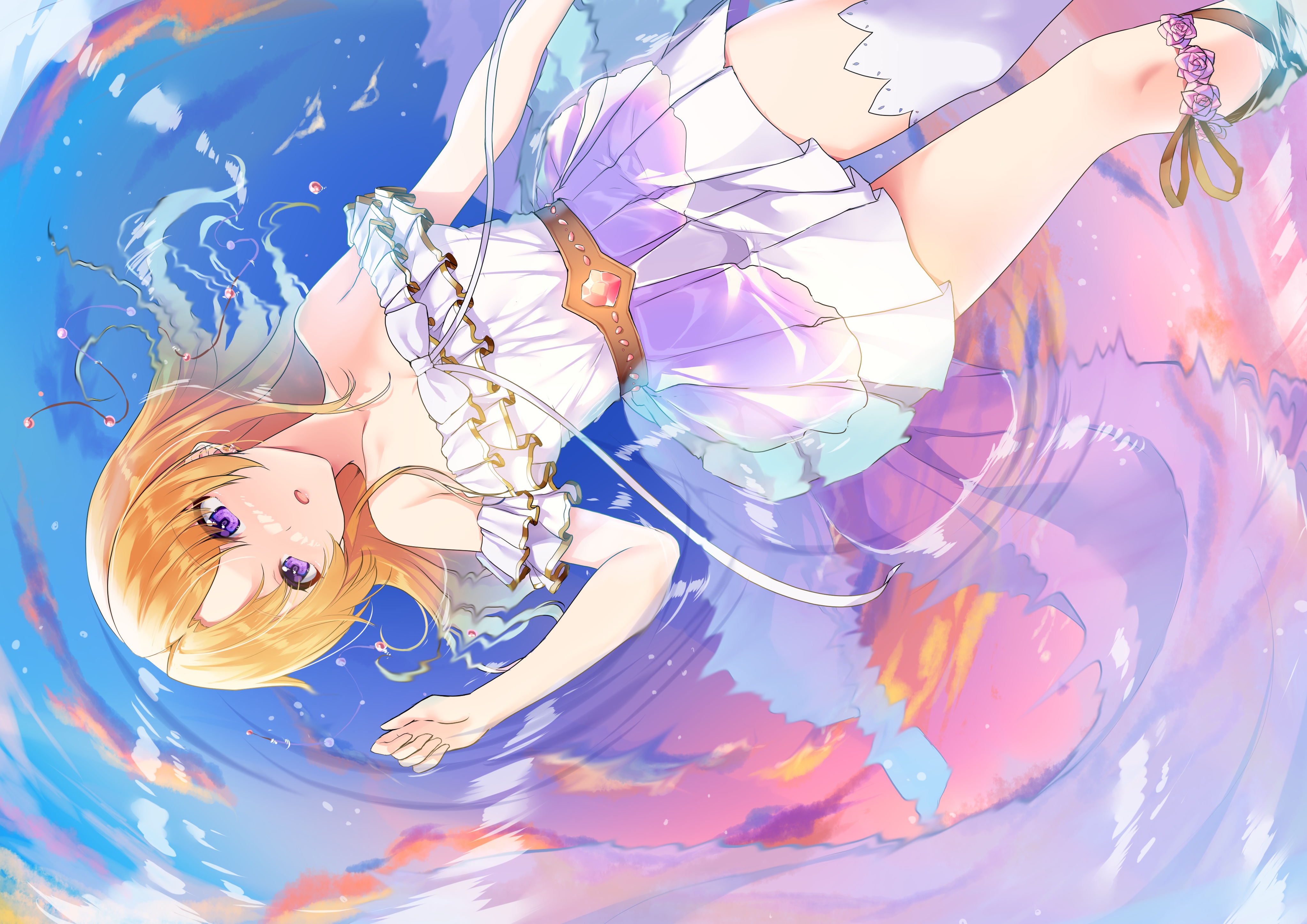 Anime 4093x2894 anime anime girls water dress blonde purple eyes bare shoulders Kiryuu Tsukasa THE iDOLM@STER